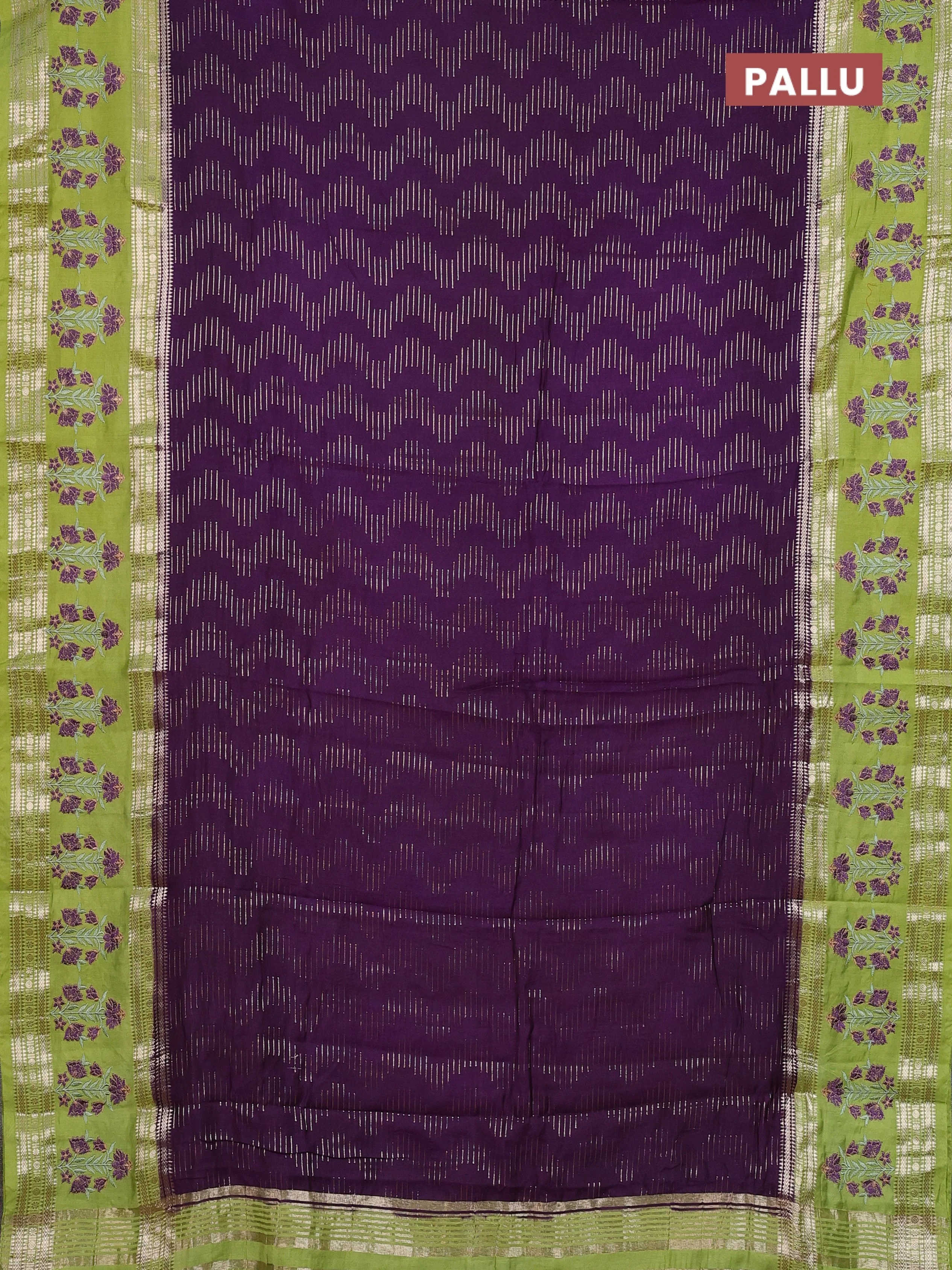 Semi chanderi saree purple and light green with allover zari weaves and embroidery zari border - Image 3