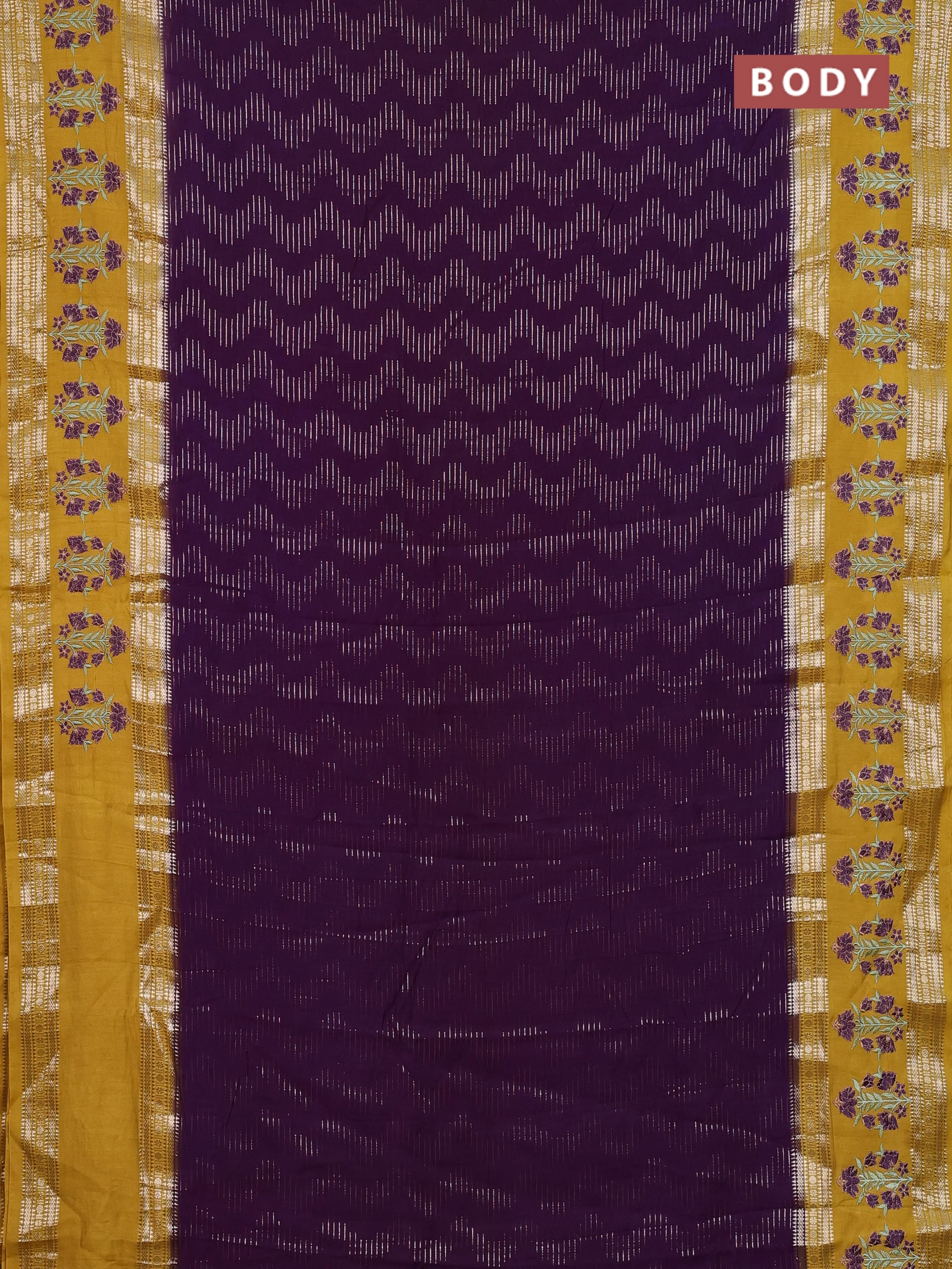 Semi chanderi saree purple and mustard yellow with allover zari weaves and embroidery zari border - Image 2