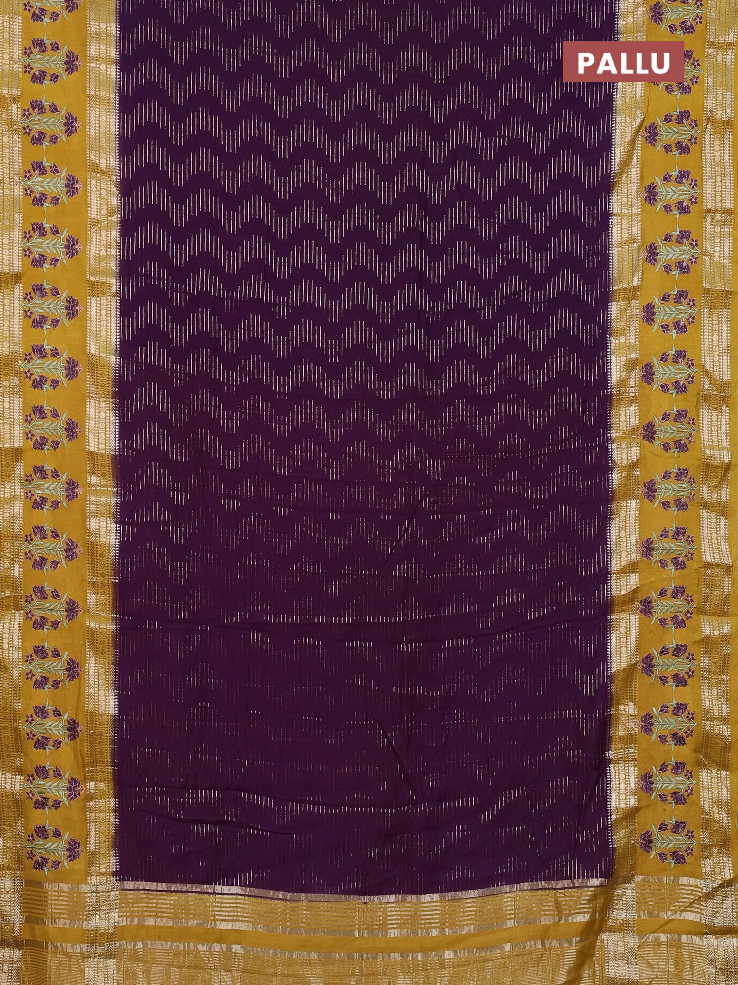 Semi chanderi saree purple and mustard yellow with allover zari weaves and embroidery zari border - Image 3