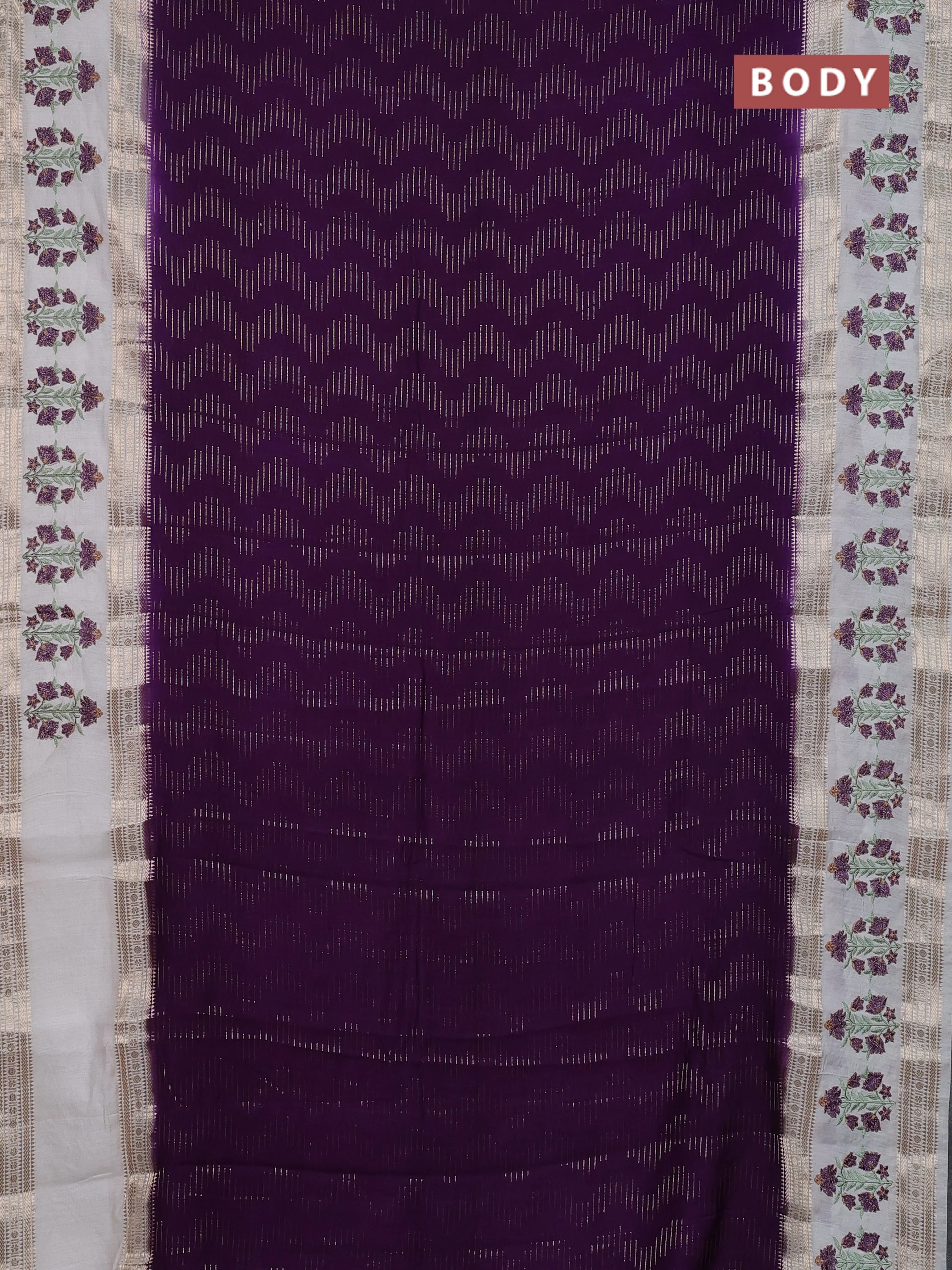 Semi chanderi saree purple and off white with allover zari weaves and embroidery zari border - Image 2