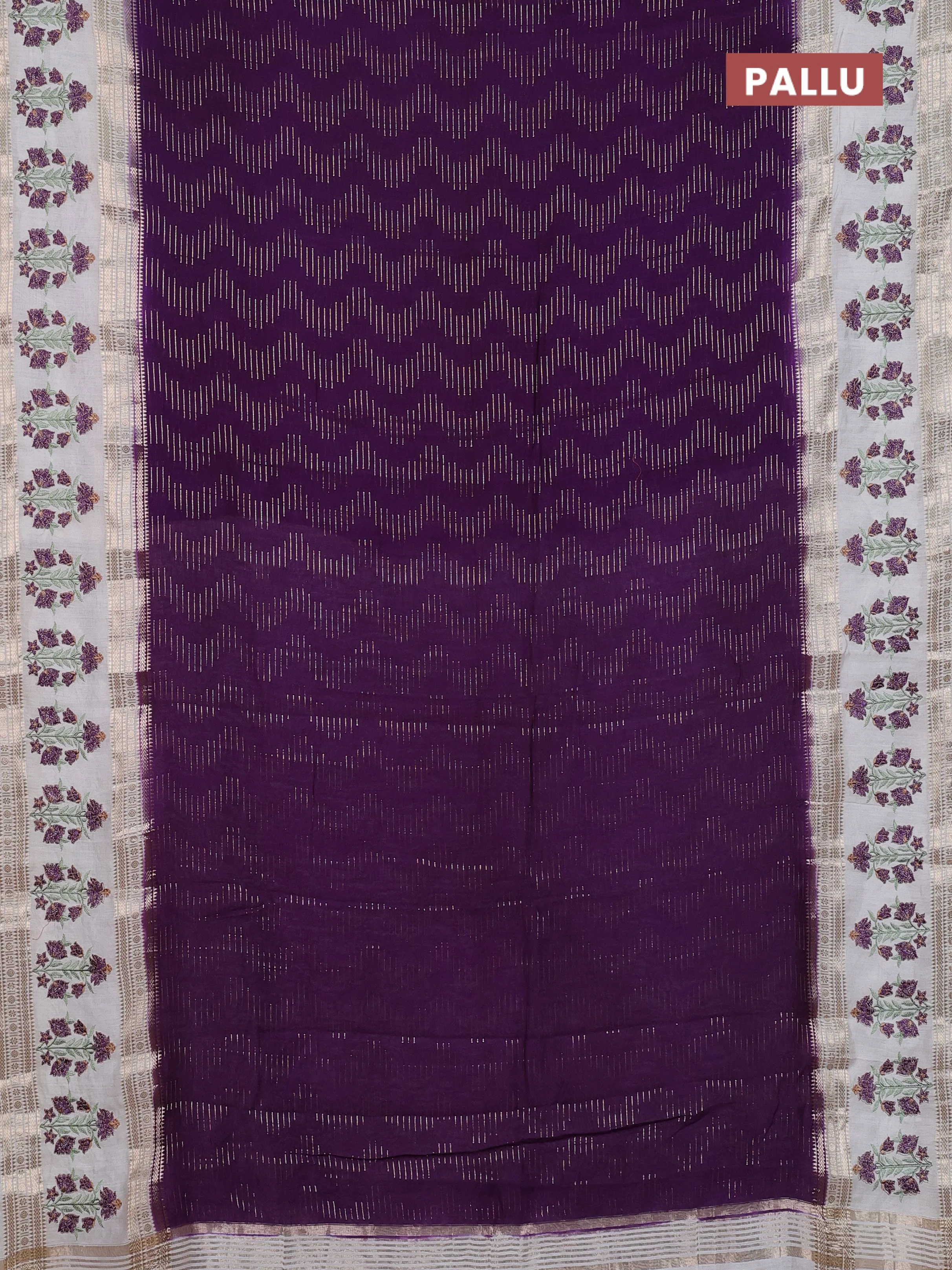 Semi chanderi saree purple and off white with allover zari weaves and embroidery zari border - Image 3