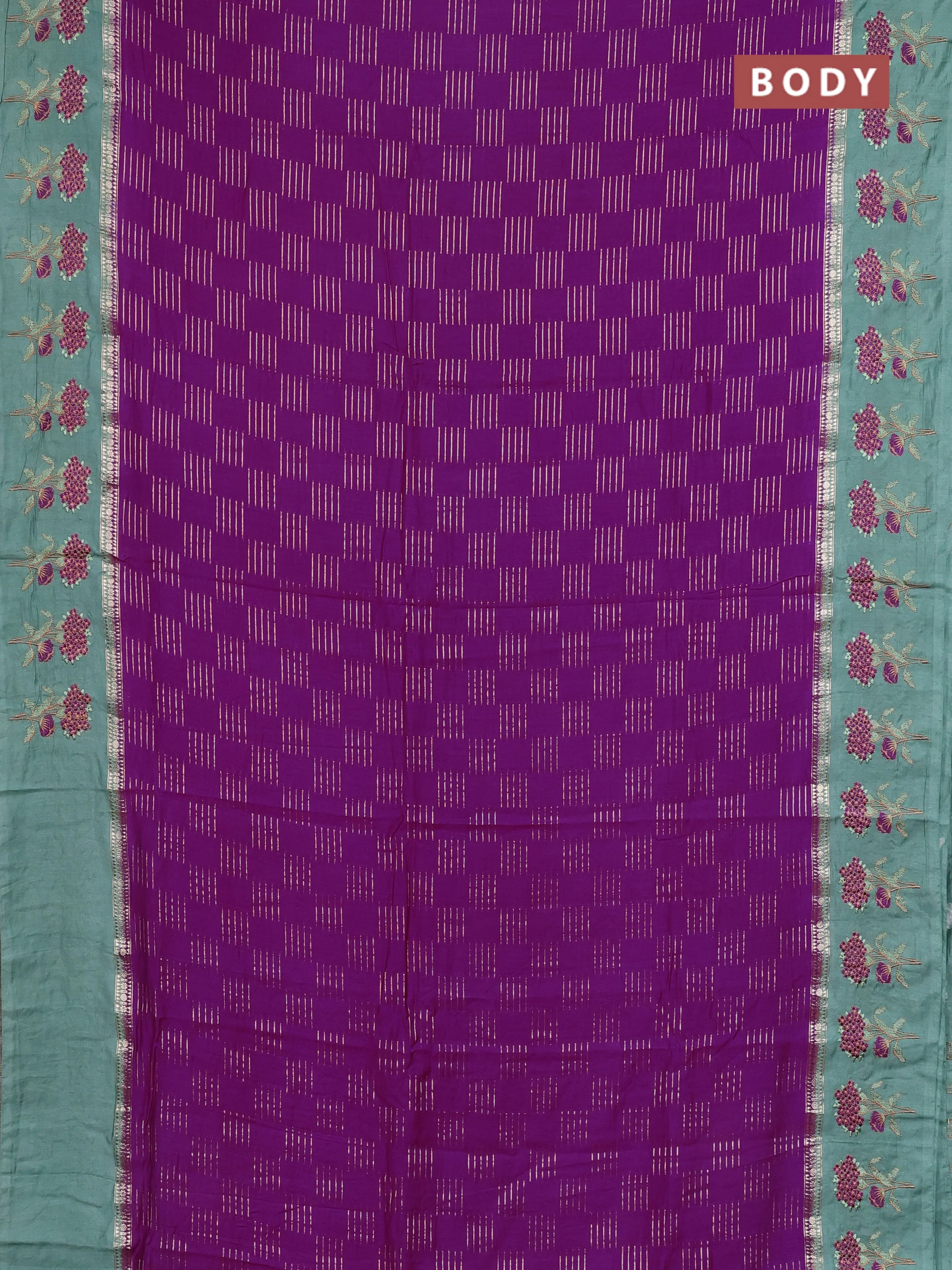 Semi chanderi saree purple and pastel green with allover zari weaves and embroidery border - Image 2