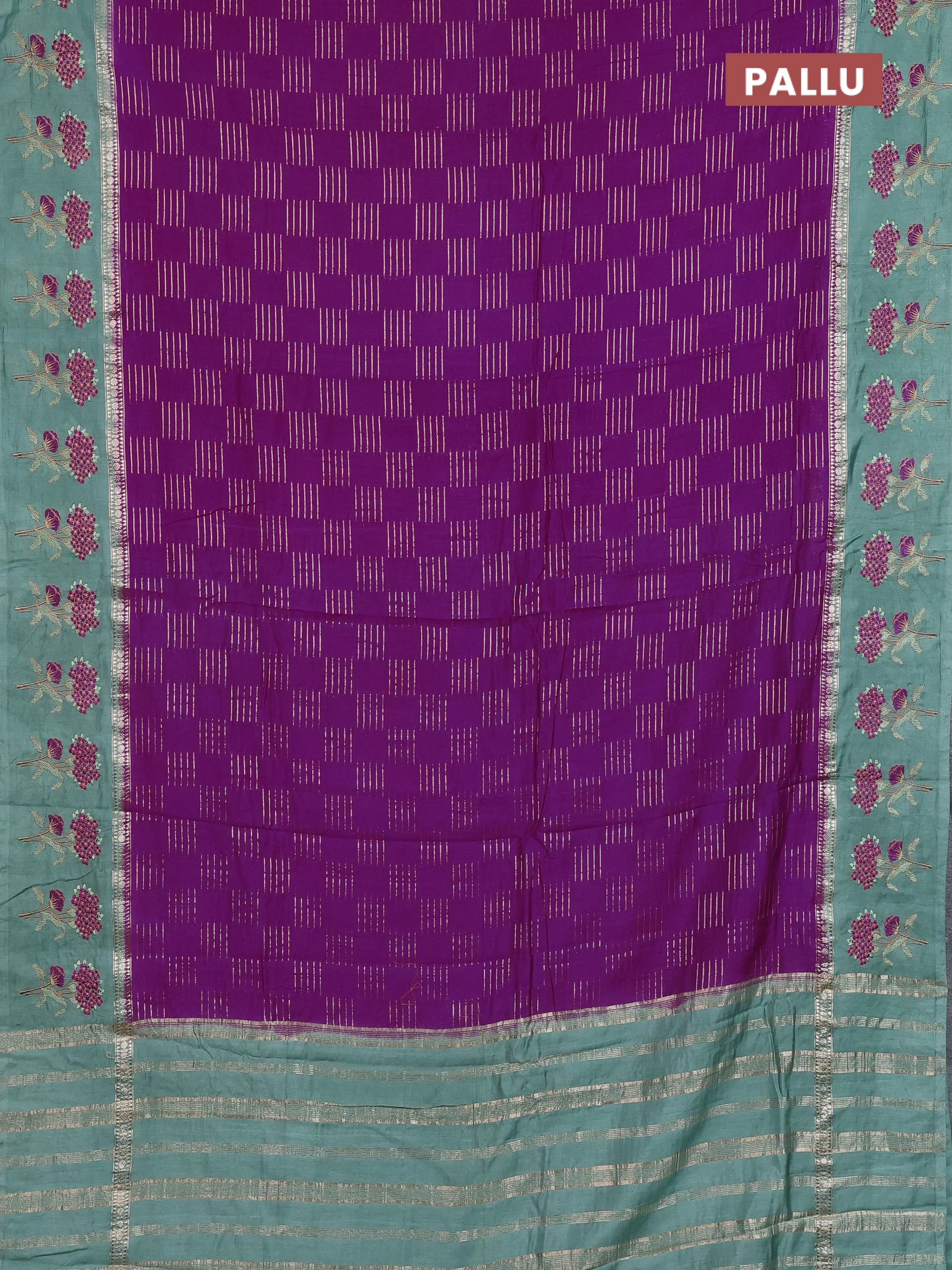 Semi chanderi saree purple and pastel green with allover zari weaves and embroidery border - Image 3