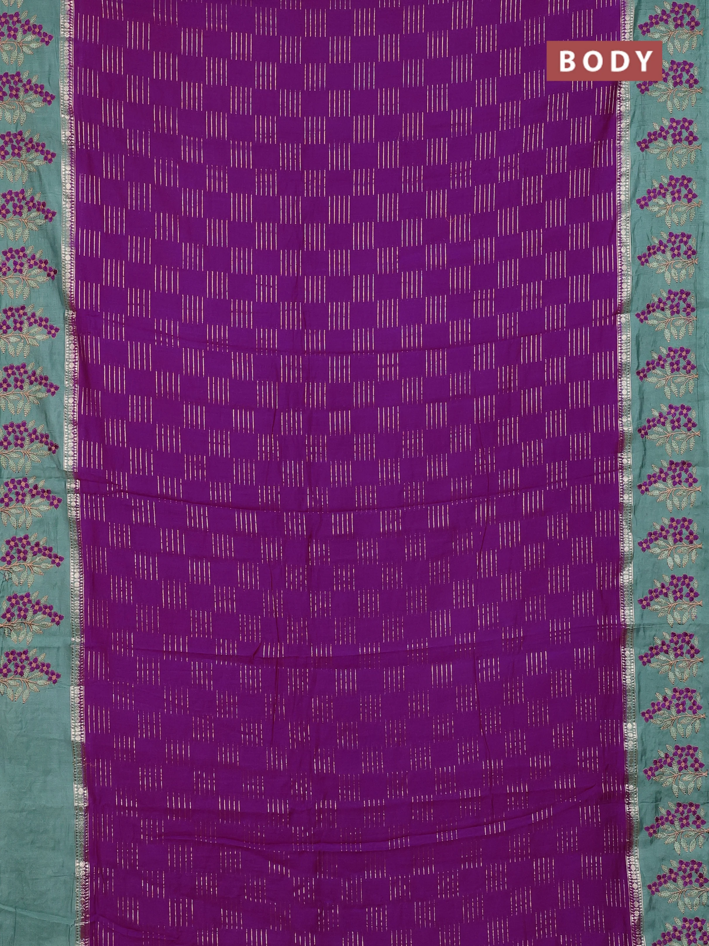 Semi chanderi saree purple and pastel green with allover zari weaves and embroidery border - Image 2