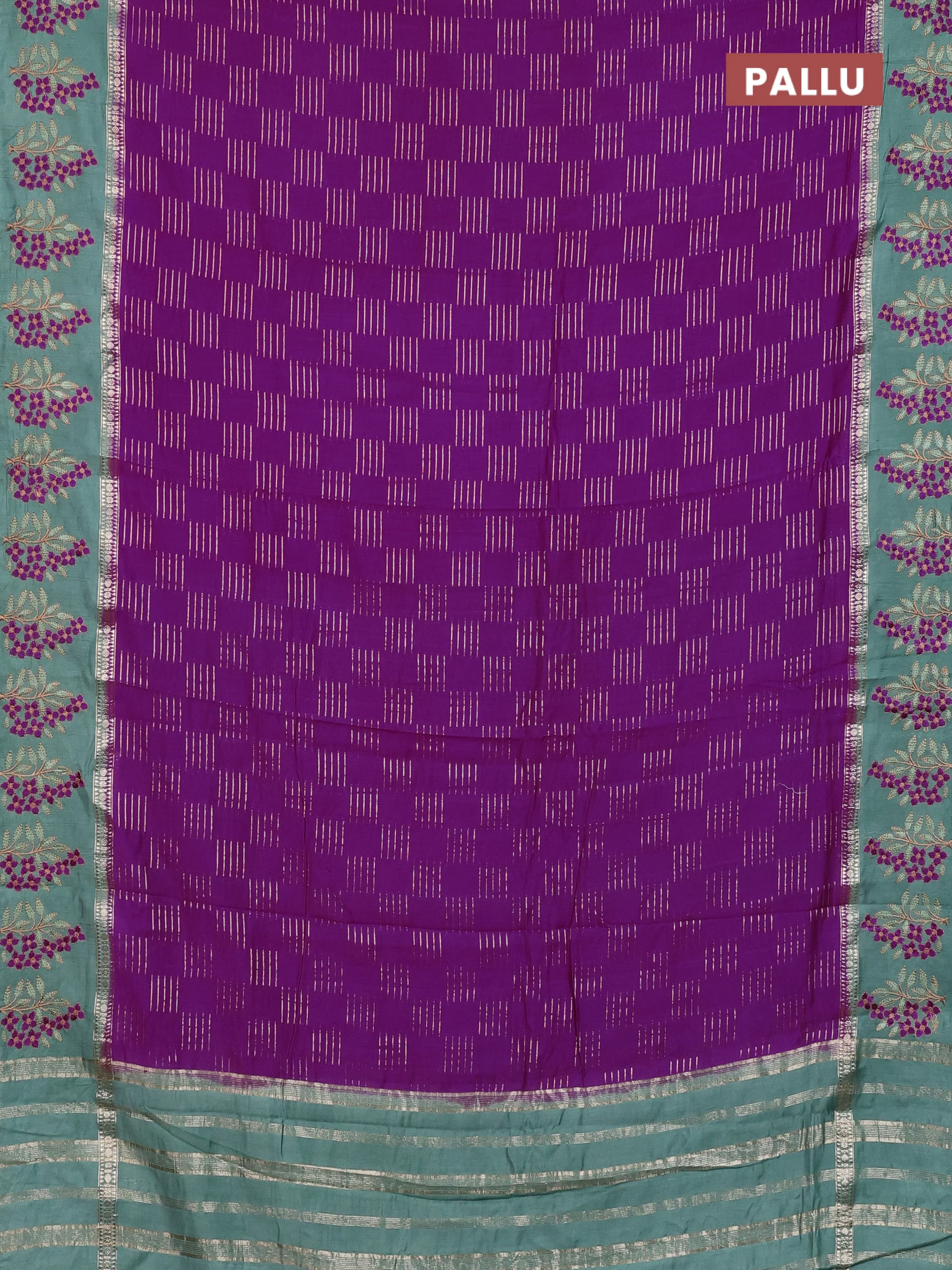 Semi chanderi saree purple and pastel green with allover zari weaves and embroidery border - Image 3