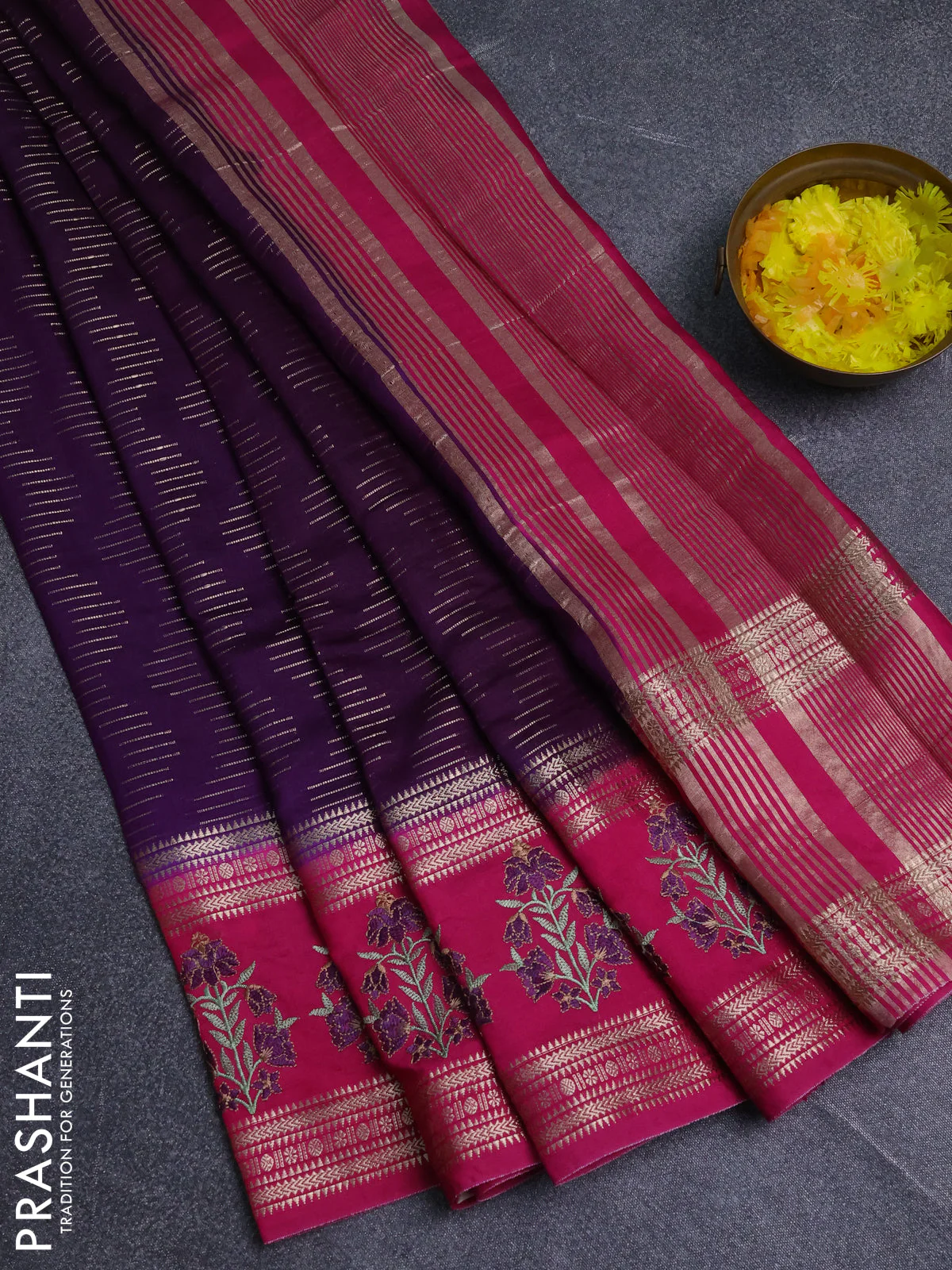 Semi chanderi saree purple and pink with allover zari weaves and embroidery zari border