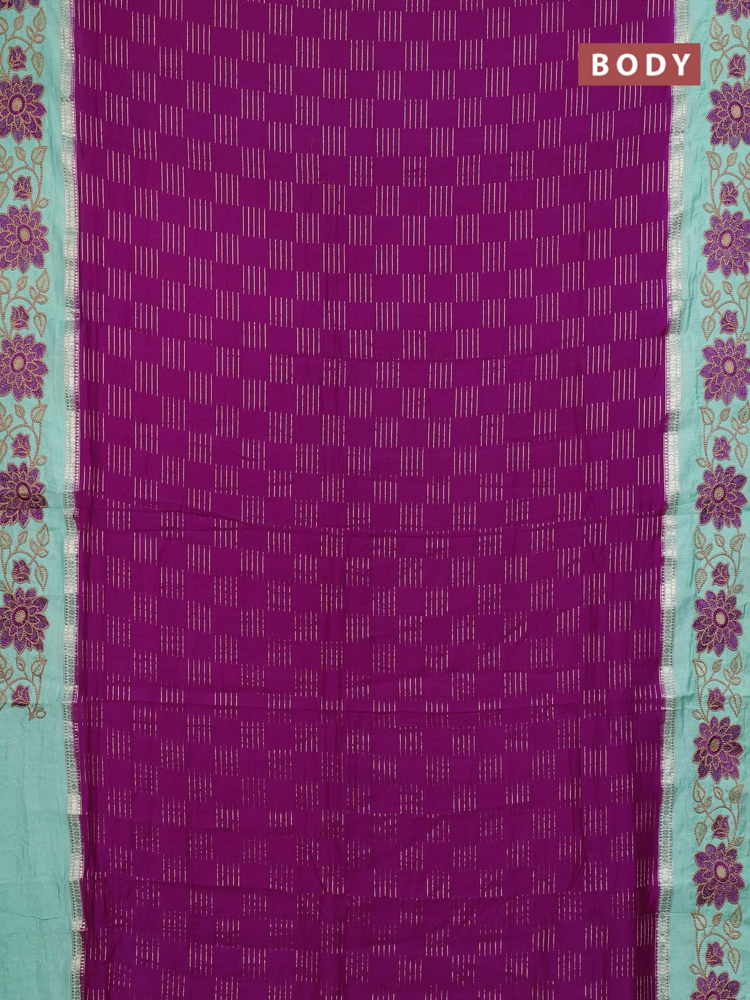 Semi chanderi saree purple shade and pastel green with allover zari weaves and embroidery border - Image 2