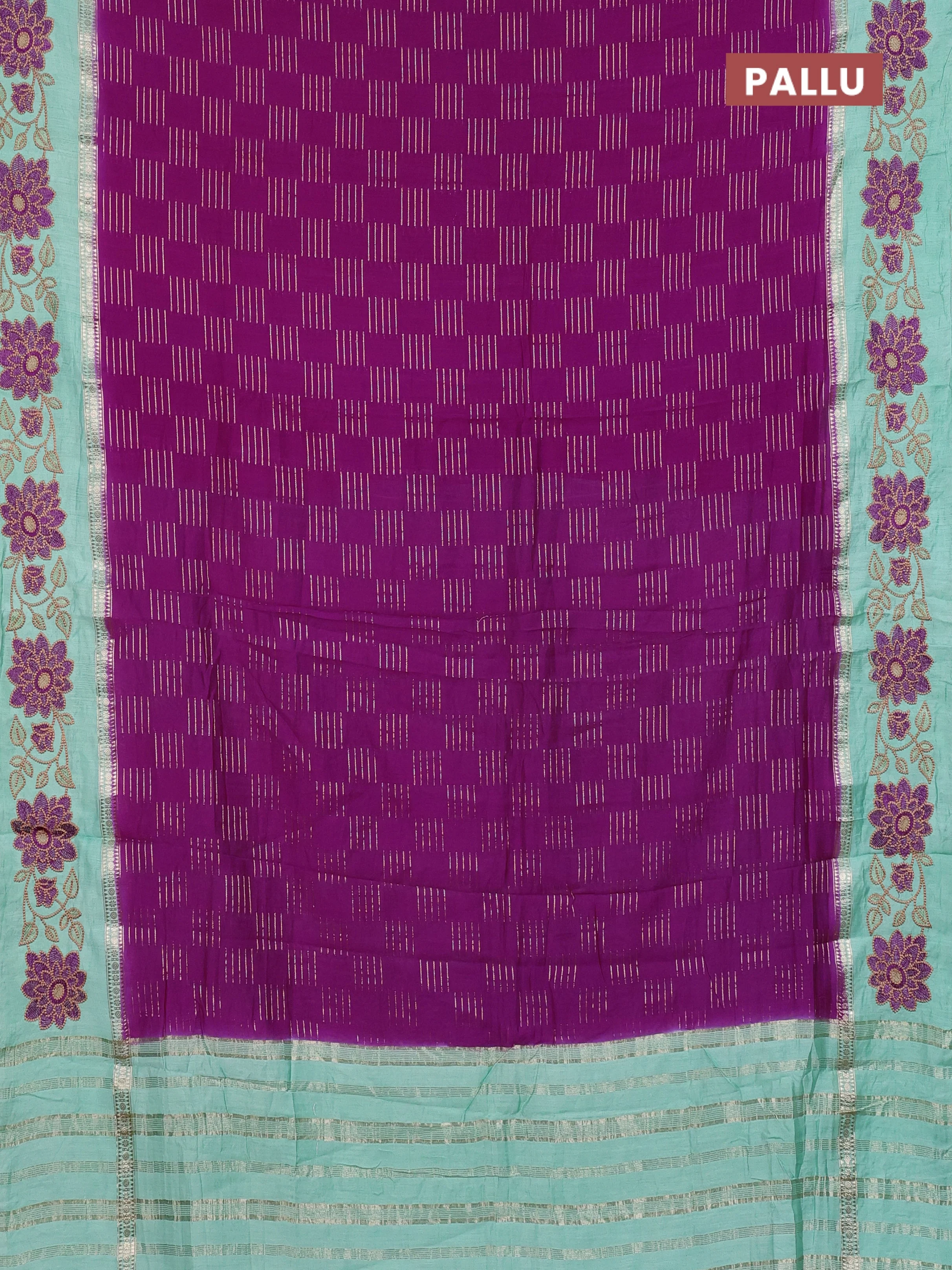 Semi chanderi saree purple shade and pastel green with allover zari weaves and embroidery border - Image 3