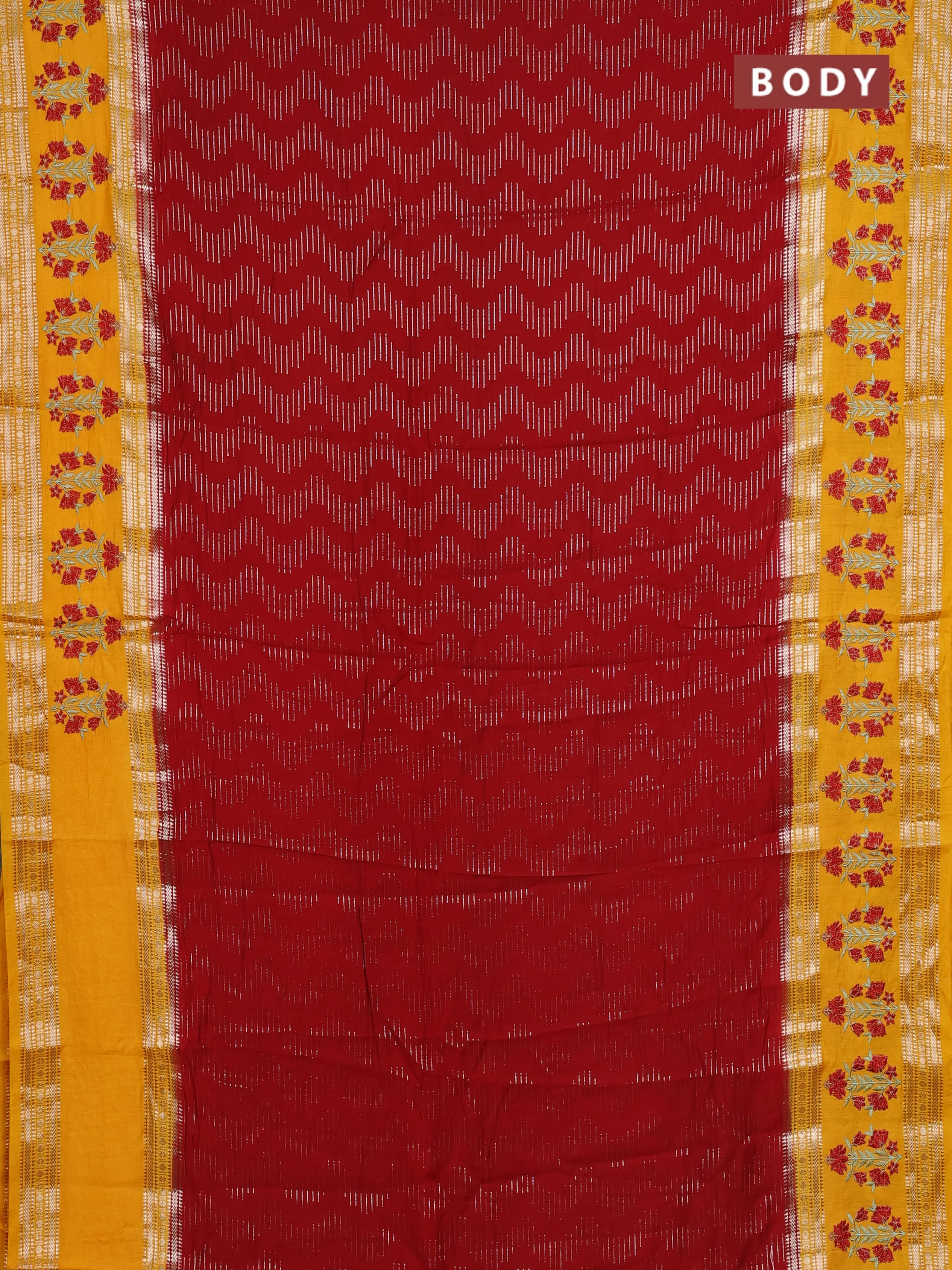 Semi chanderi saree red and mango yellow with allover zari weaves and embroidery zari border - Image 2