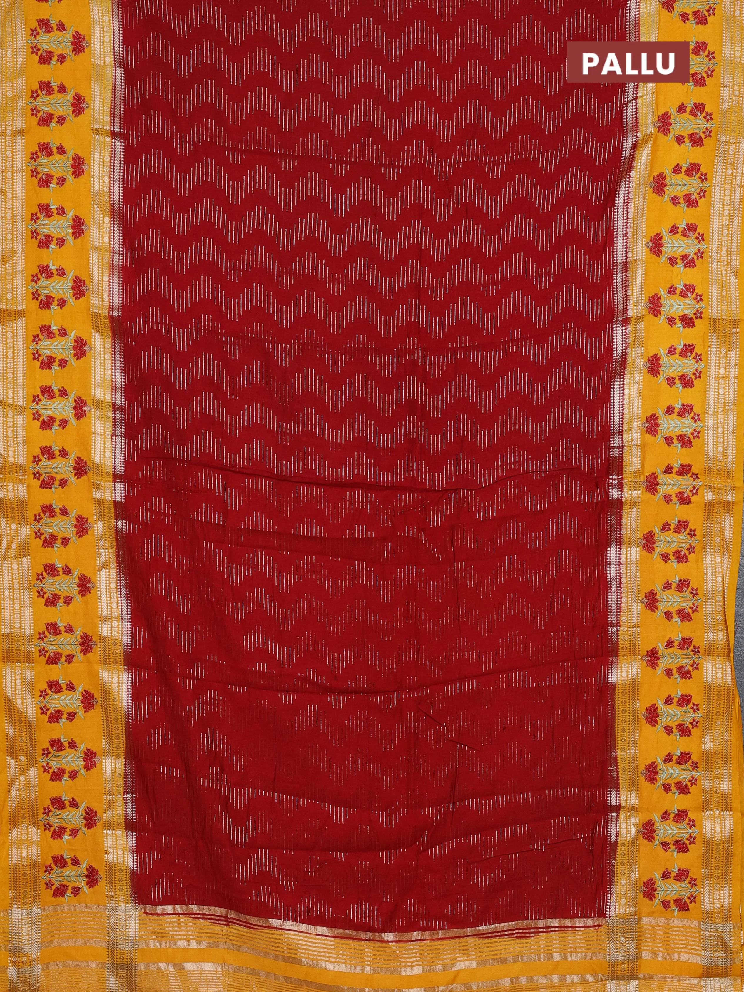 Semi chanderi saree red and mango yellow with allover zari weaves and embroidery zari border - Image 3
