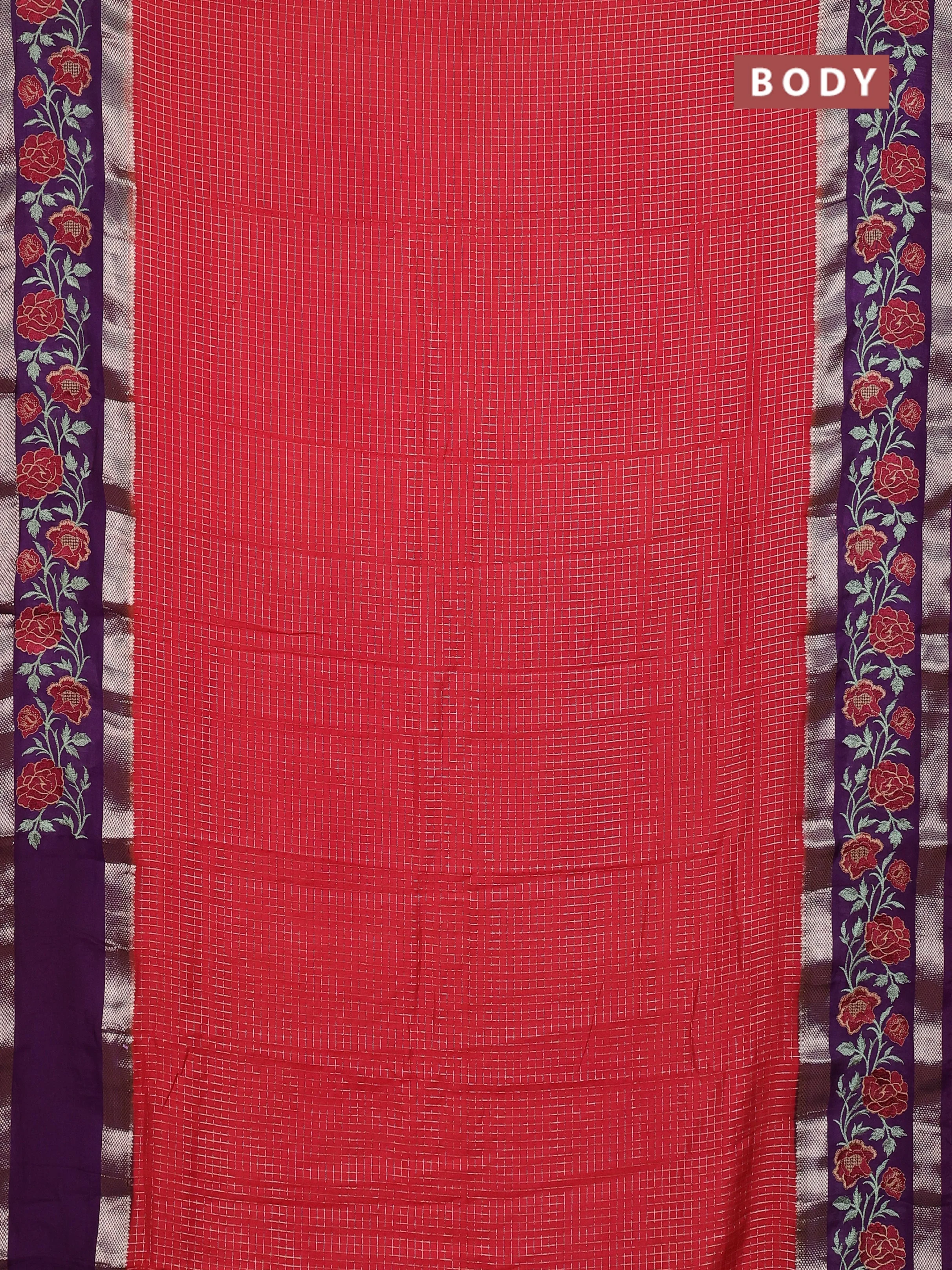 Semi chanderi saree red and purple with allover zari woven checked pattern and embroidery zari border - Image 2