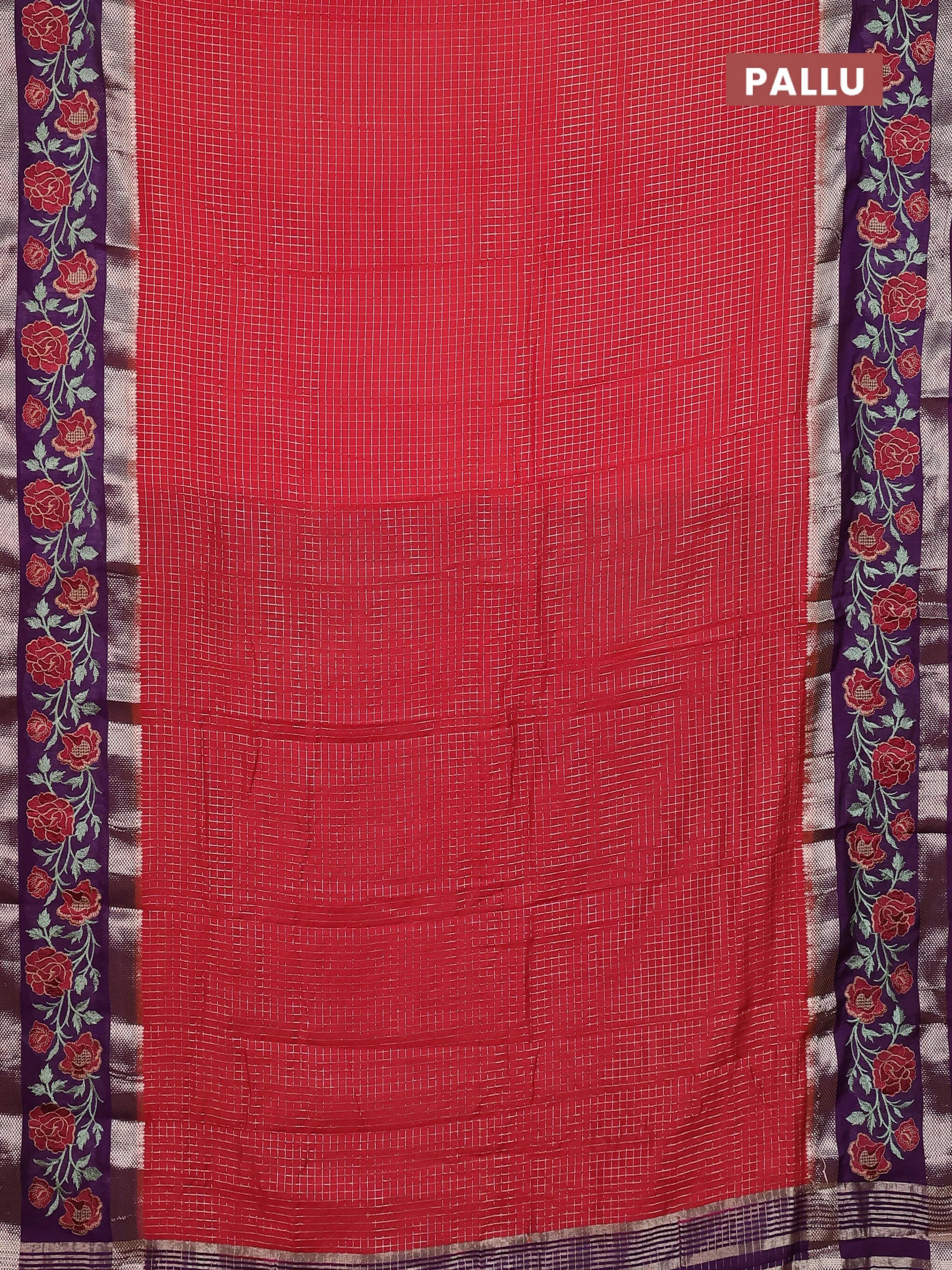 Semi chanderi saree red and purple with allover zari woven checked pattern and embroidery zari border - Image 3