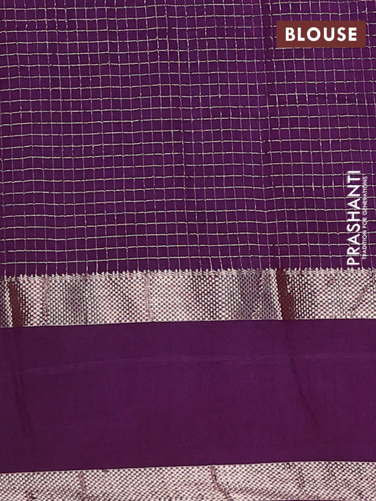 Semi chanderi saree red and purple with allover zari woven checked pattern and embroidery zari border - Image 4