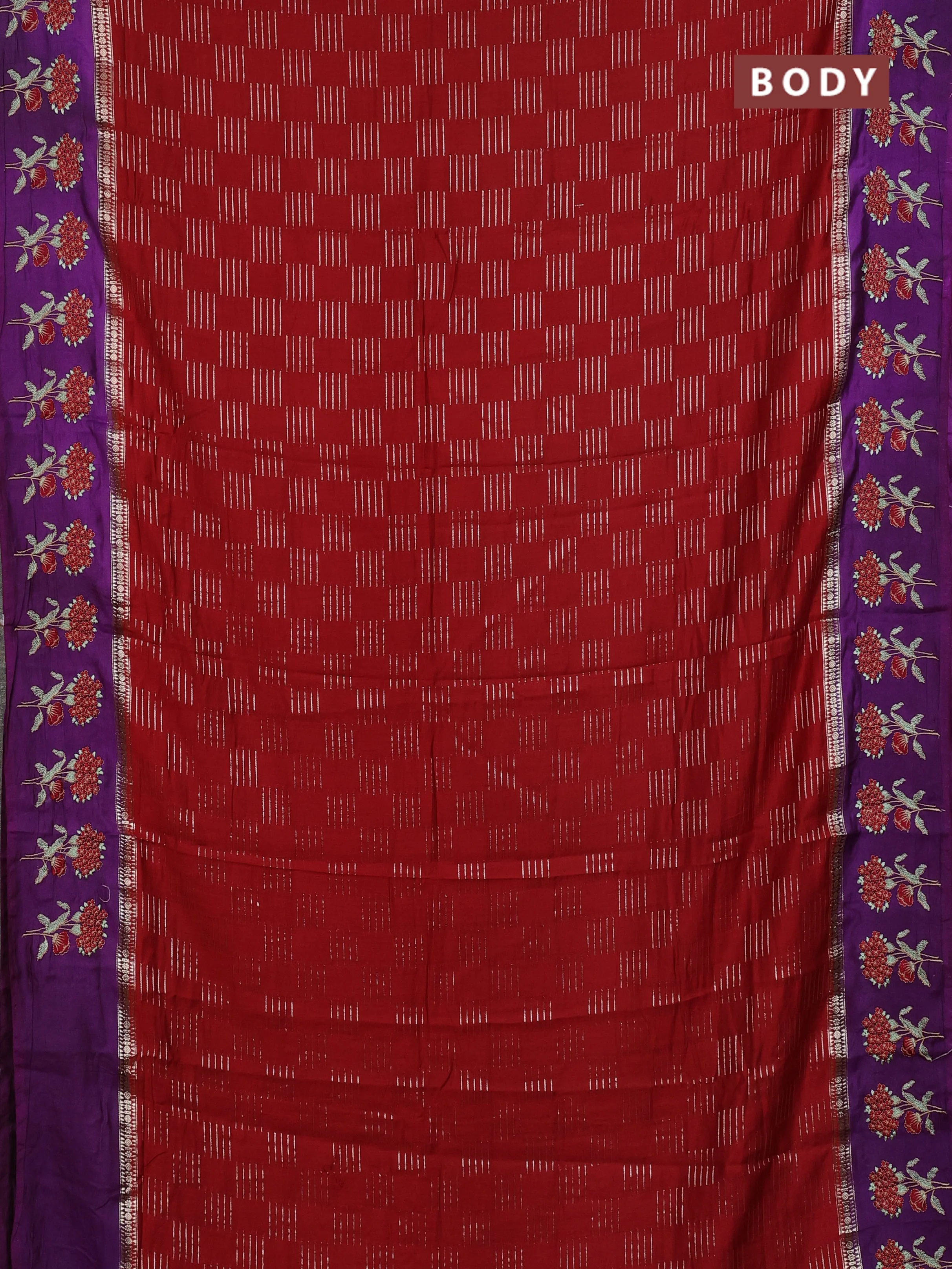 Semi chanderi saree red and violet with allover zari weaves and embroidery border - Image 2
