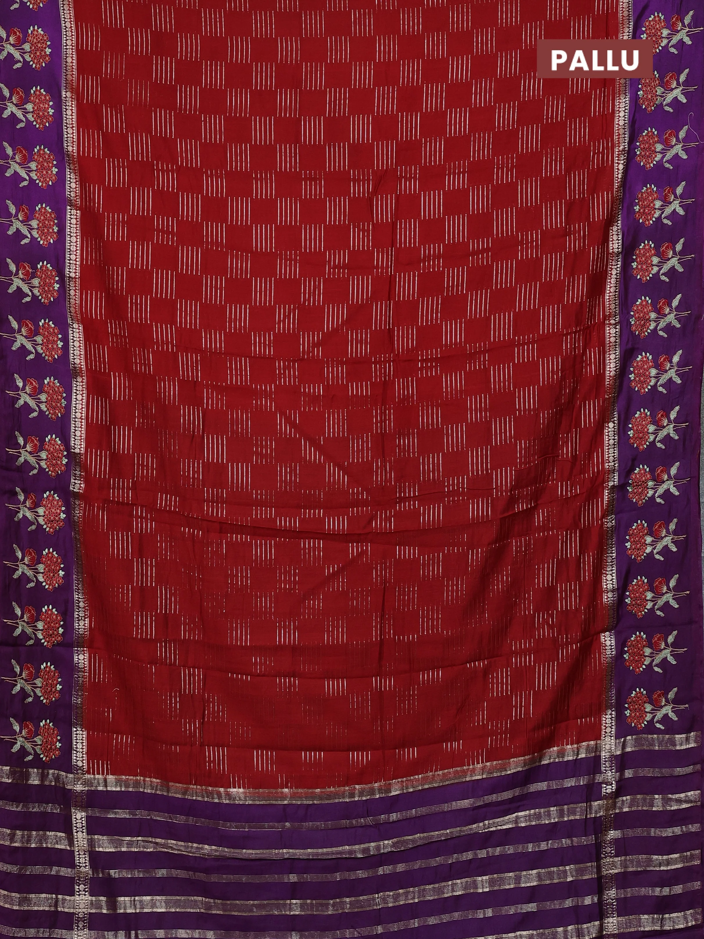 Semi chanderi saree red and violet with allover zari weaves and embroidery border - Image 3