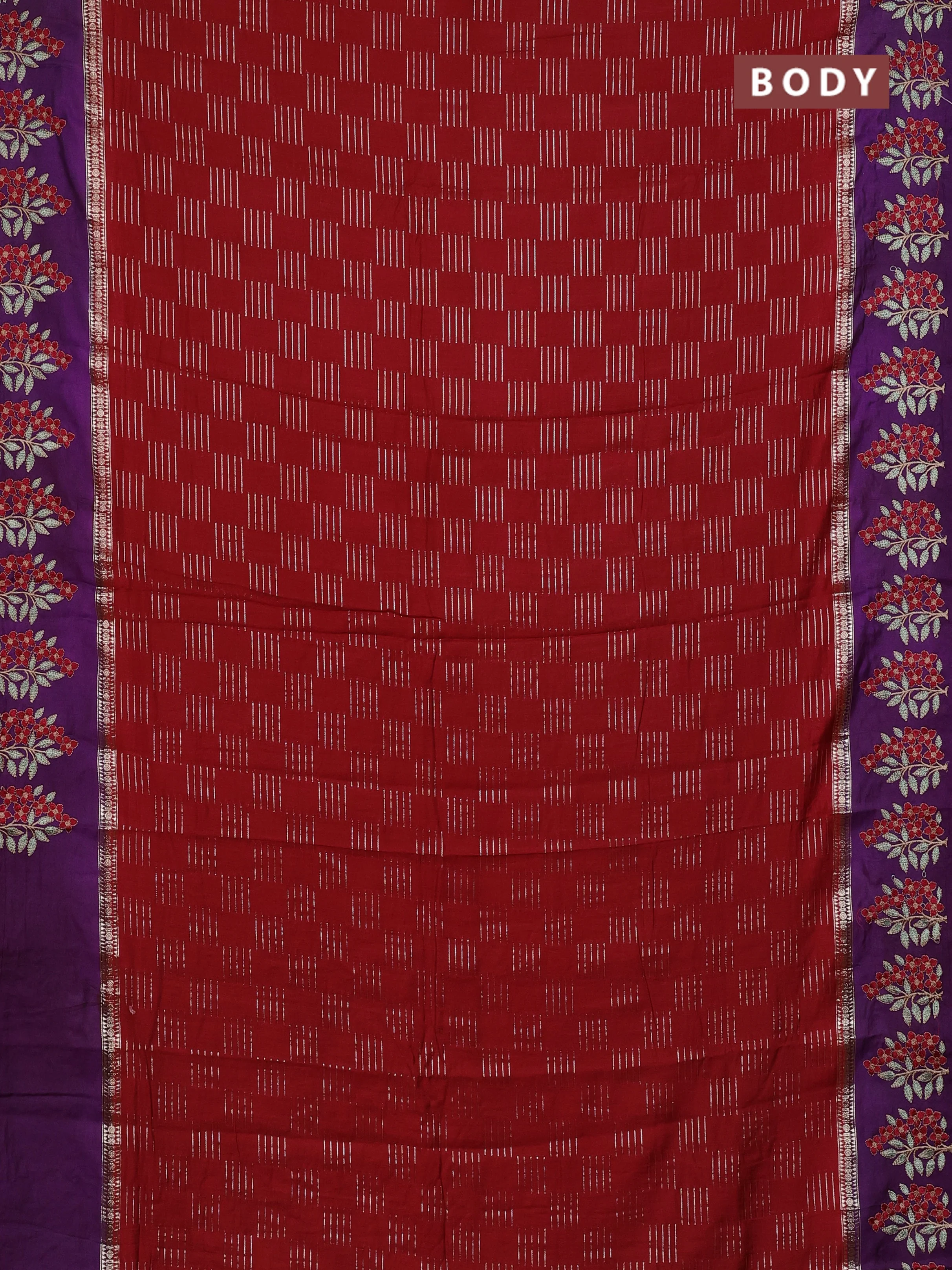 Semi chanderi saree red and violet with allover zari weaves and embroidery border - Image 2