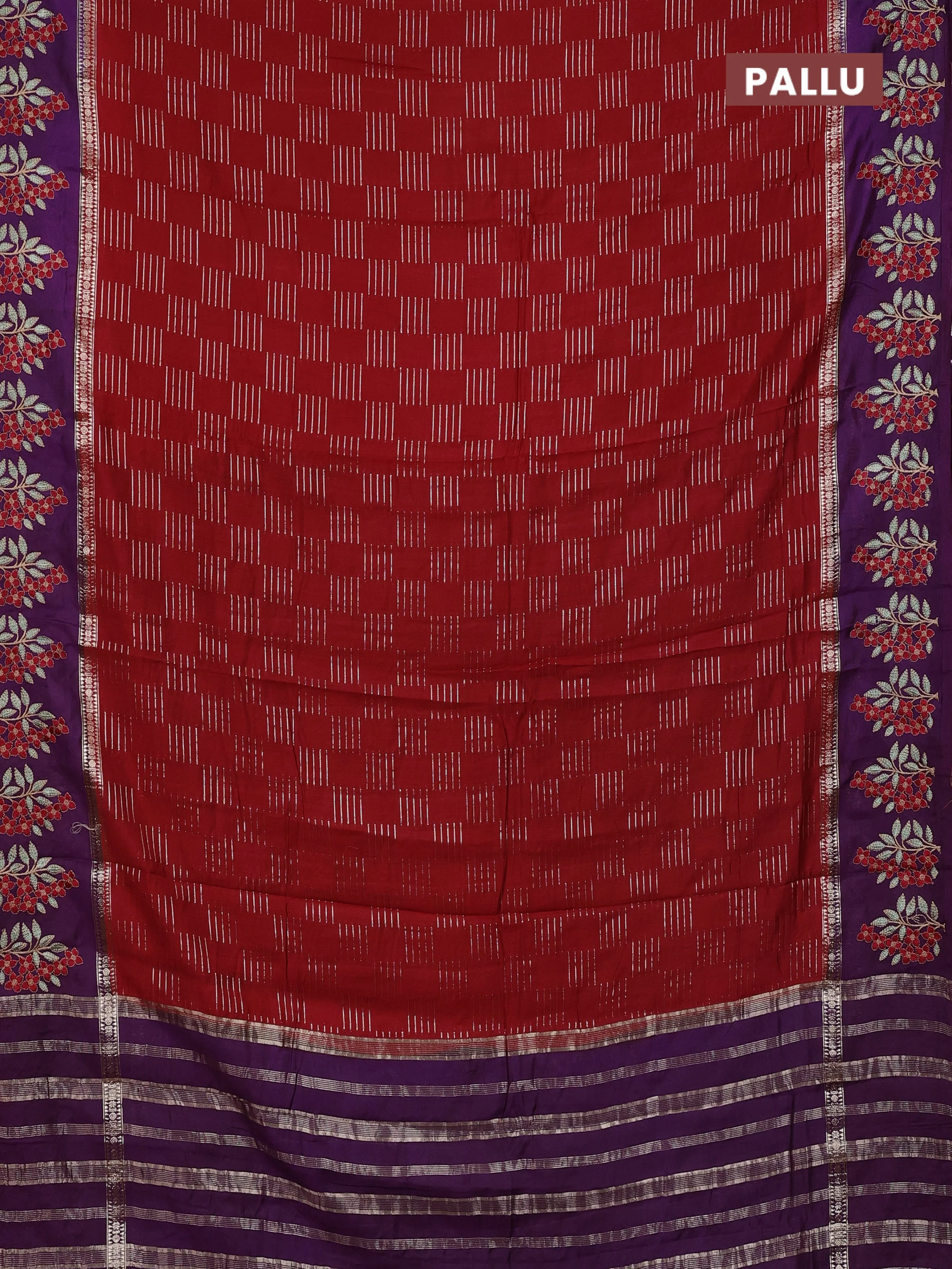 Semi chanderi saree red and violet with allover zari weaves and embroidery border - Image 3