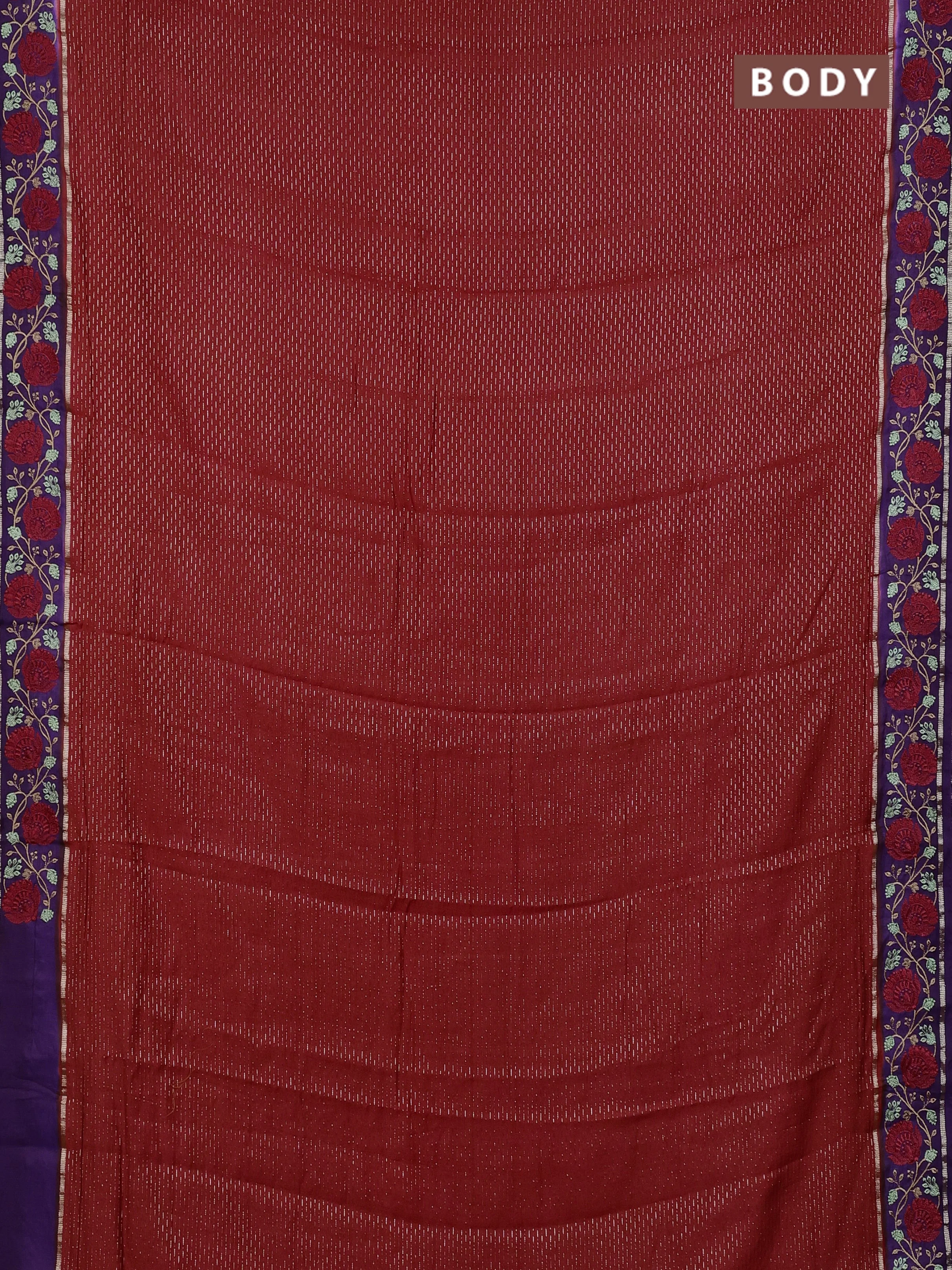 Semi chanderi saree red and violet with allover zari weaves and embroidery zari border - Image 2