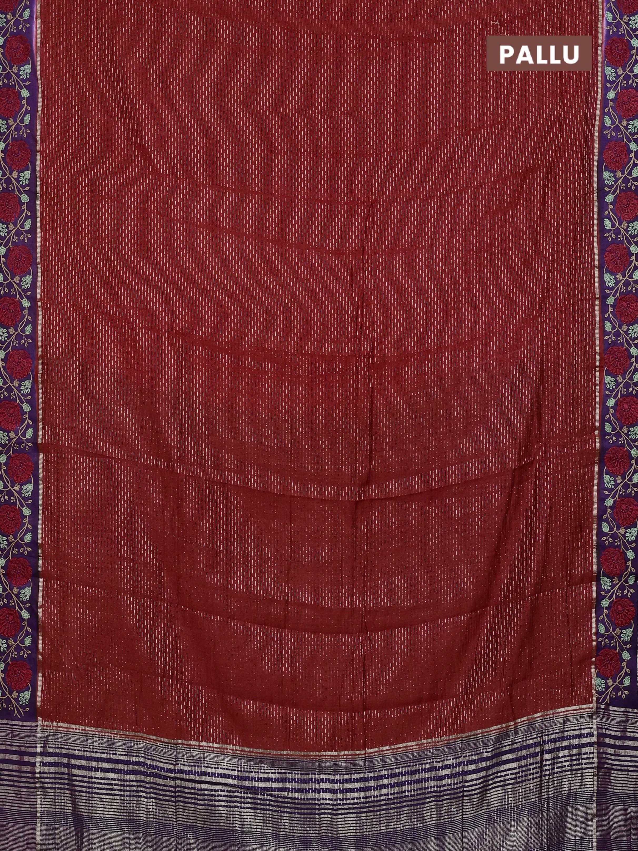 Semi chanderi saree red and violet with allover zari weaves and embroidery zari border - Image 3