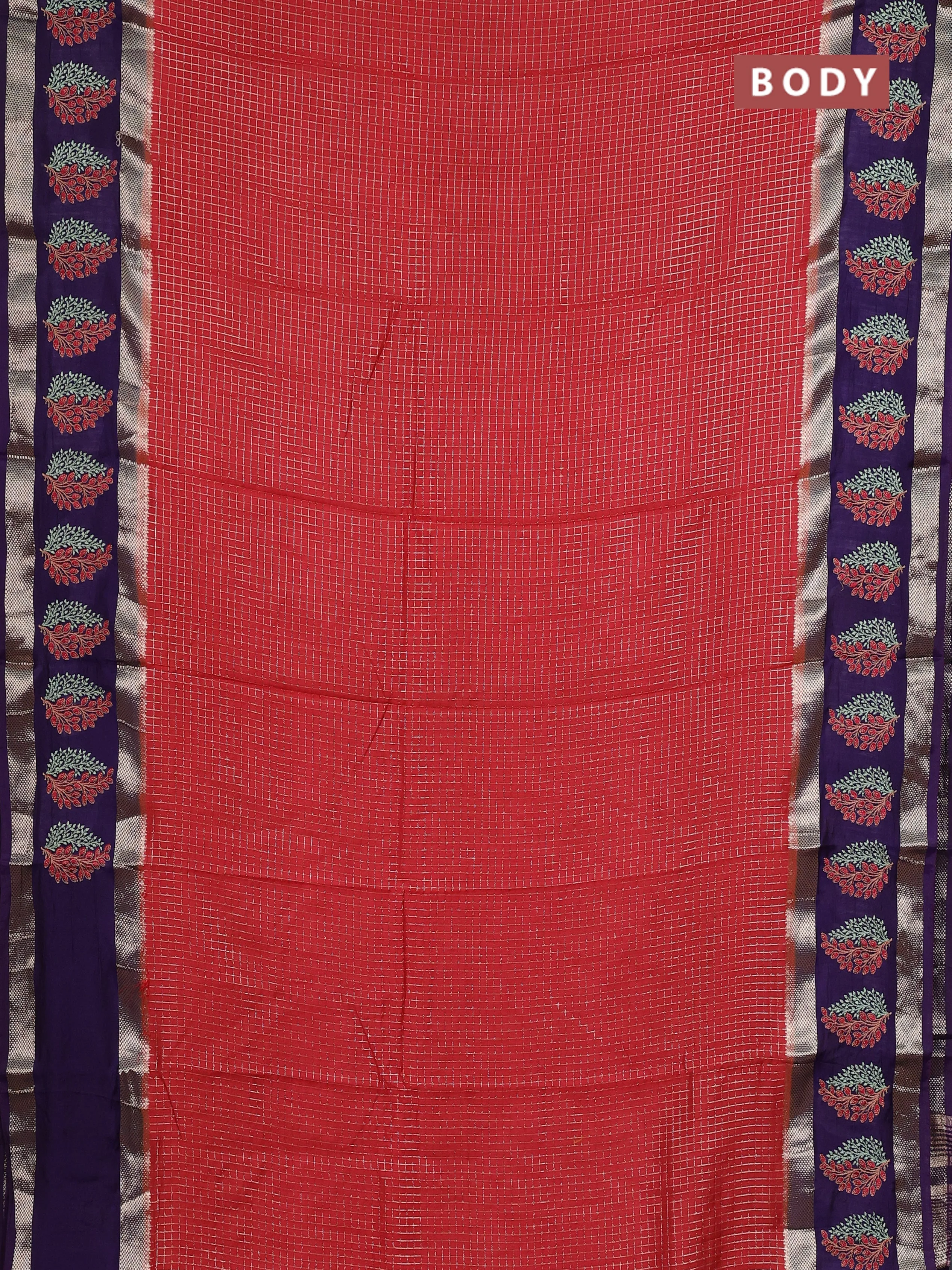 Semi chanderi saree red and violet with allover zari woven checked pattern and embroidery zari border - Image 2