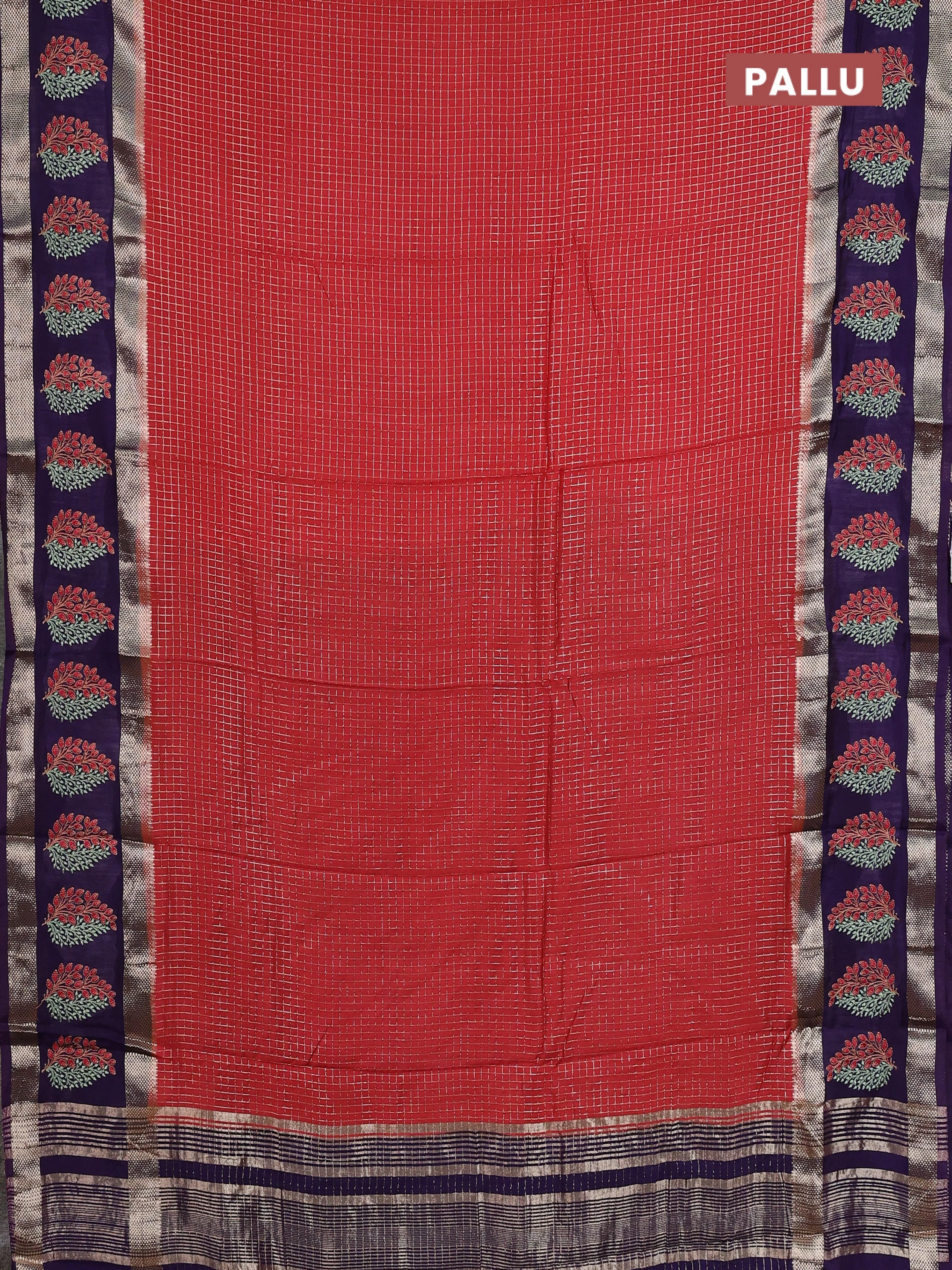 Semi chanderi saree red and violet with allover zari woven checked pattern and embroidery zari border - Image 3