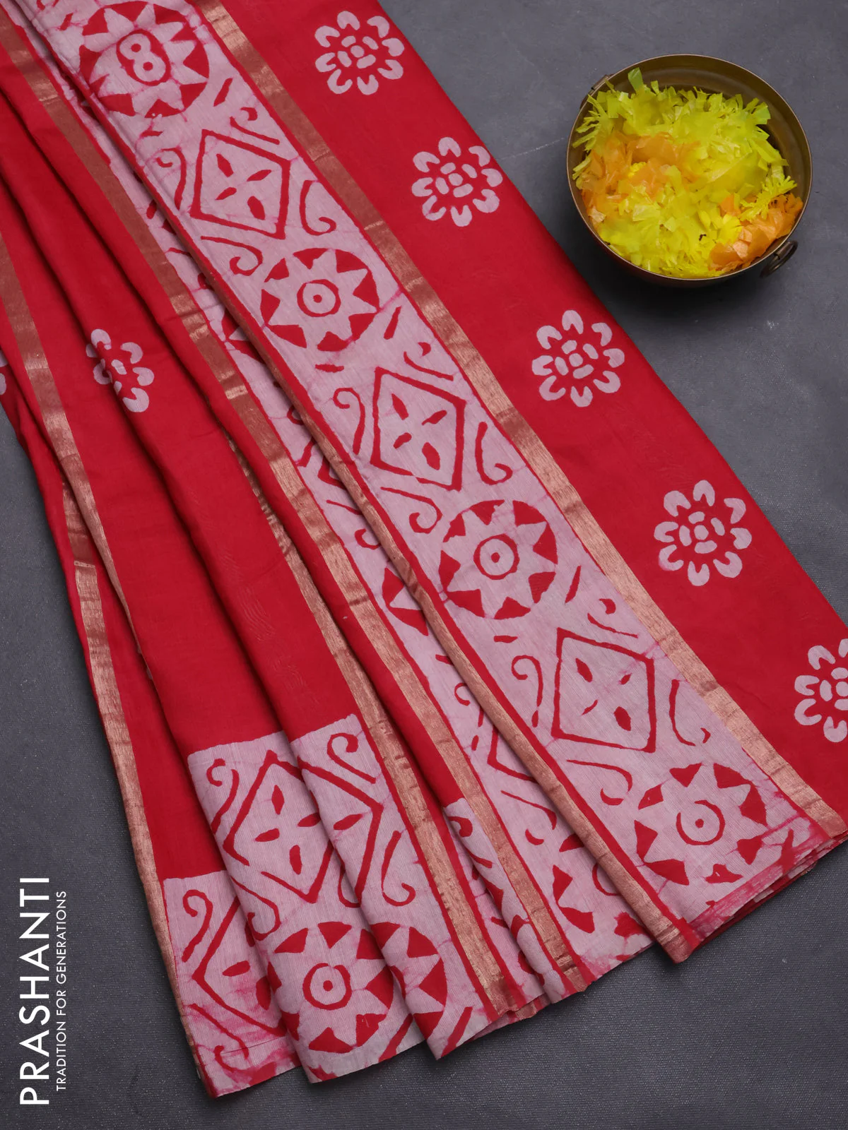 Semi chanderi saree red with allover zari strips & batik butta prints in borderless style