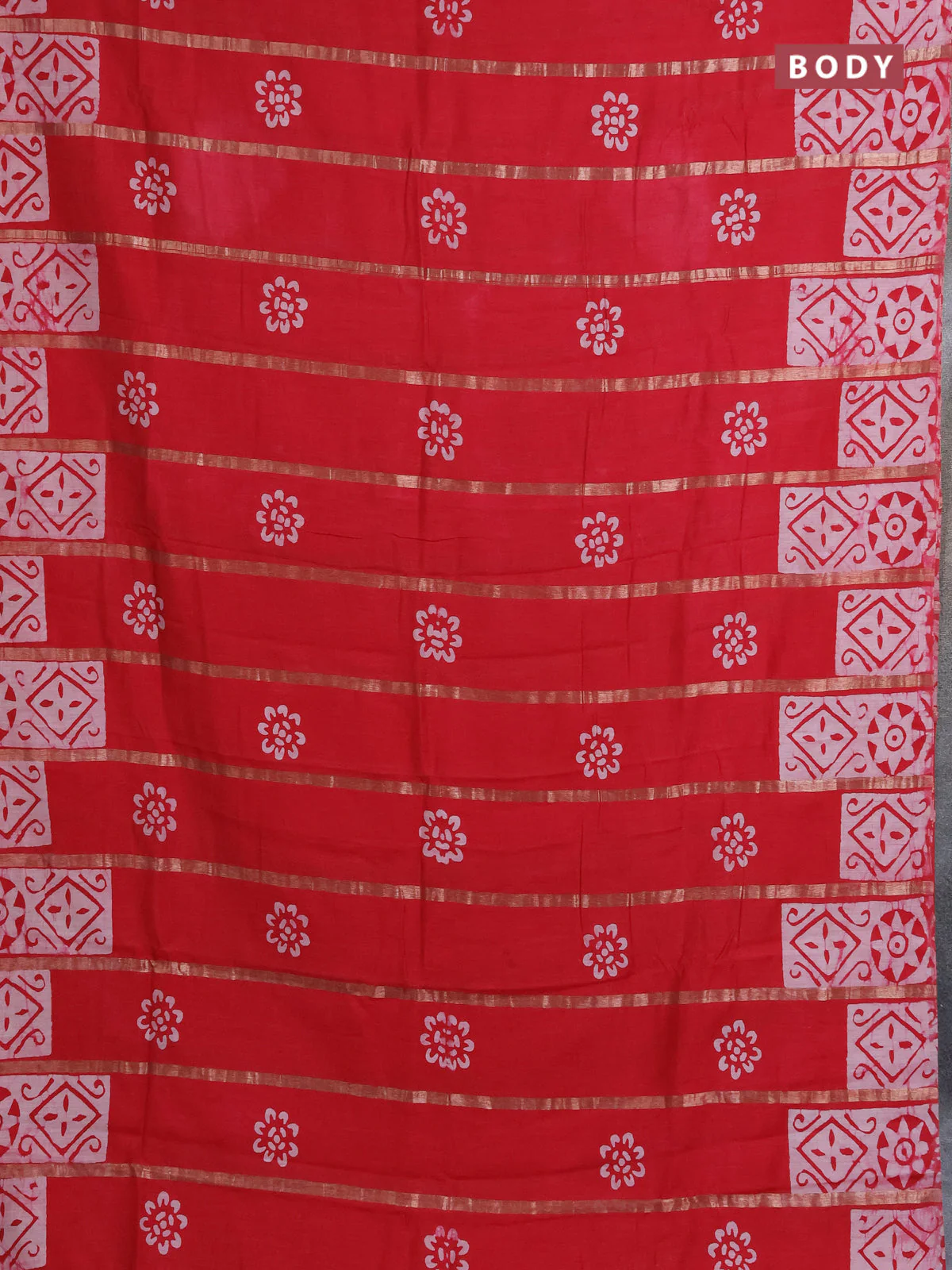 Semi chanderi saree red with allover zari strips & batik butta prints in borderless style - Image 2