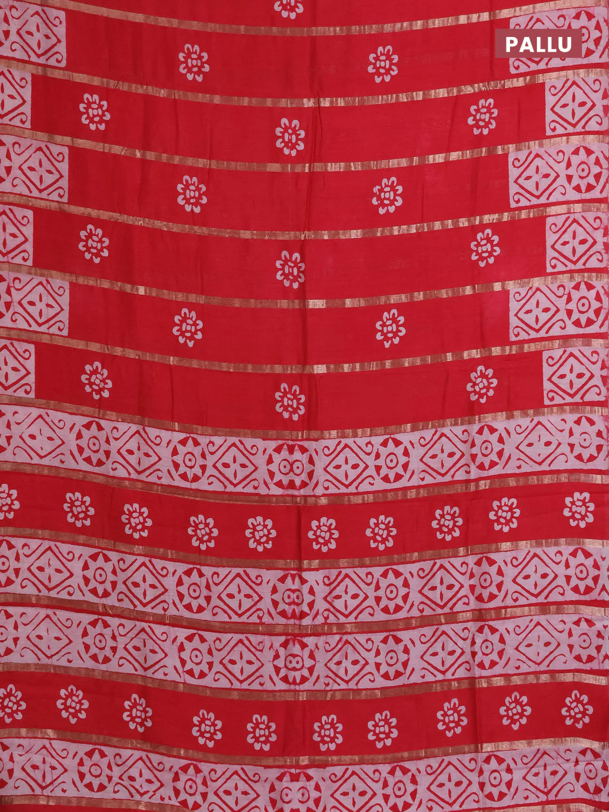 Semi chanderi saree red with allover zari strips & batik butta prints in borderless style - Image 3