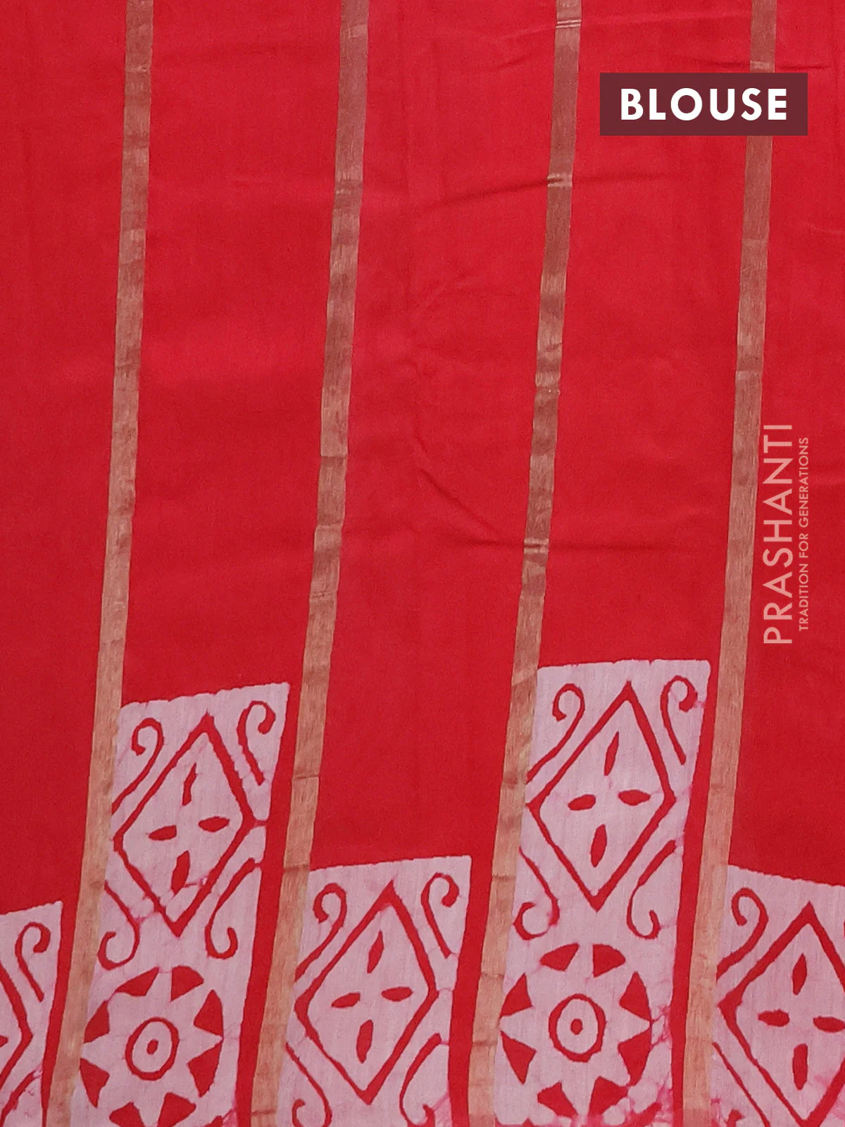 Semi chanderi saree red with allover zari strips & batik butta prints in borderless style - Image 4