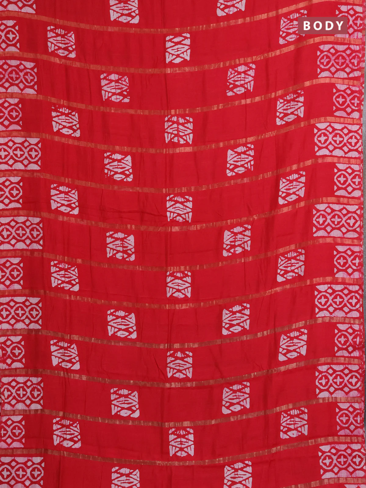 Semi chanderi saree red with allover zari strips & batik butta prints in borderless style - Image 2