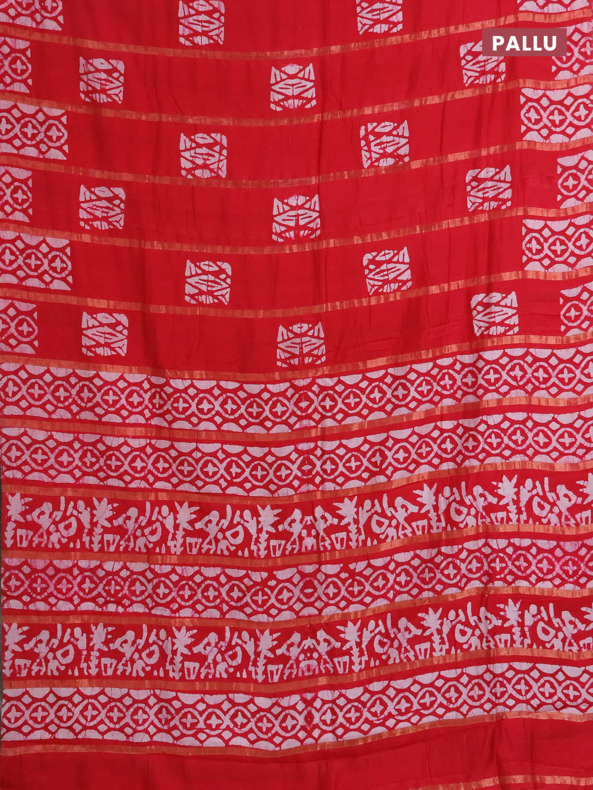 Semi chanderi saree red with allover zari strips & batik butta prints in borderless style - Image 3