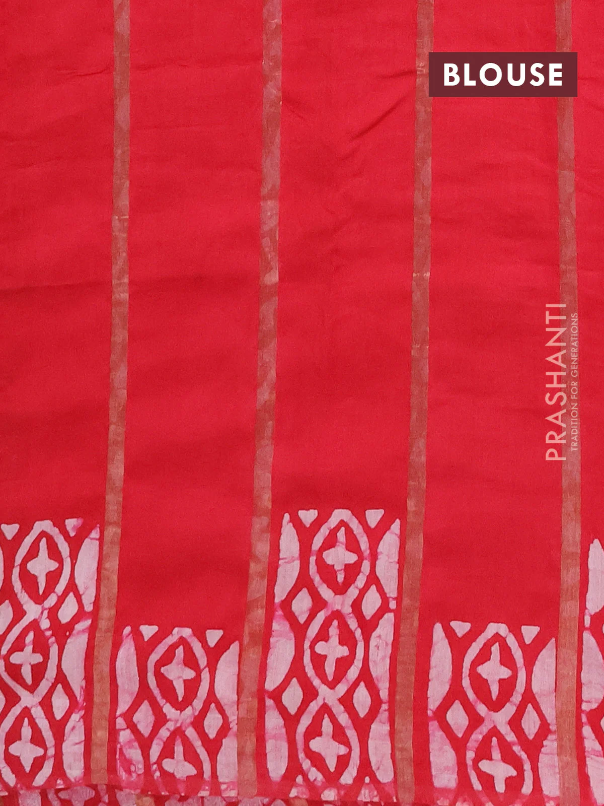 Semi chanderi saree red with allover zari strips & batik butta prints in borderless style - Image 4