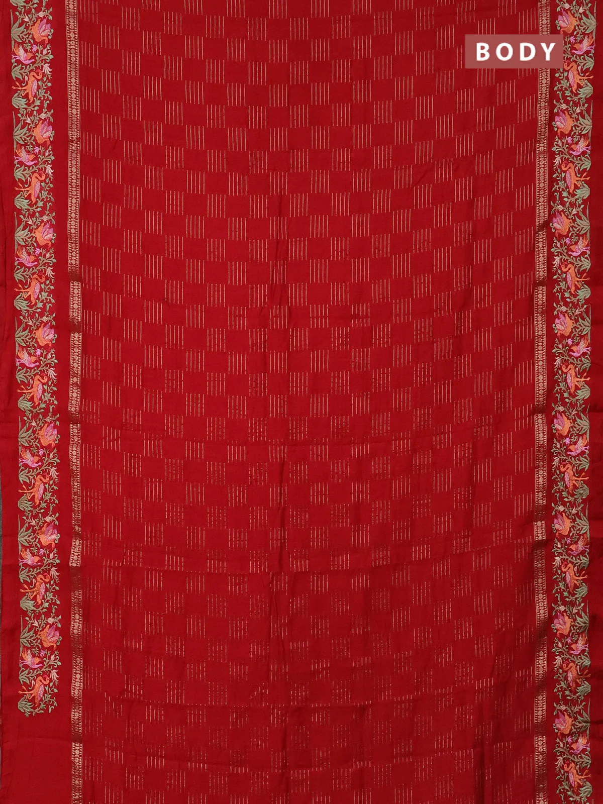Semi chanderi saree red with allover zari weaves and embroidery border - Image 2