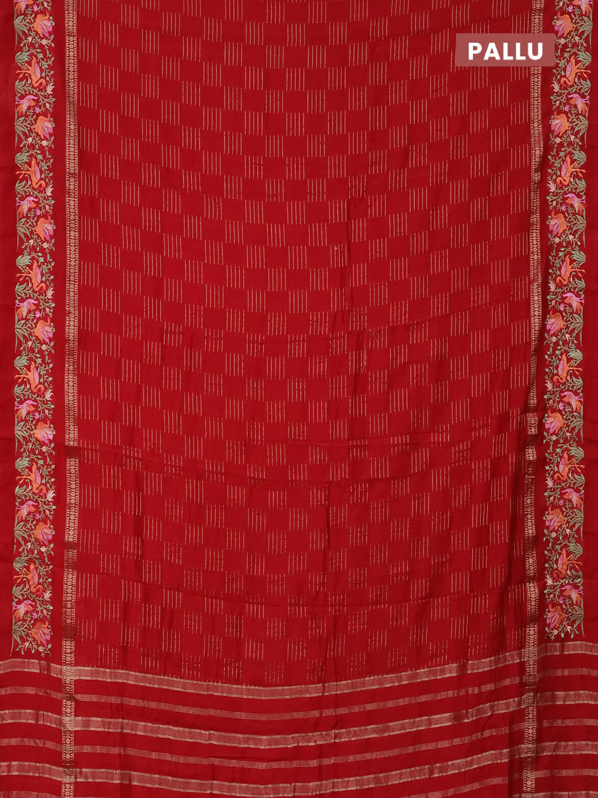 Semi chanderi saree red with allover zari weaves and embroidery border - Image 3