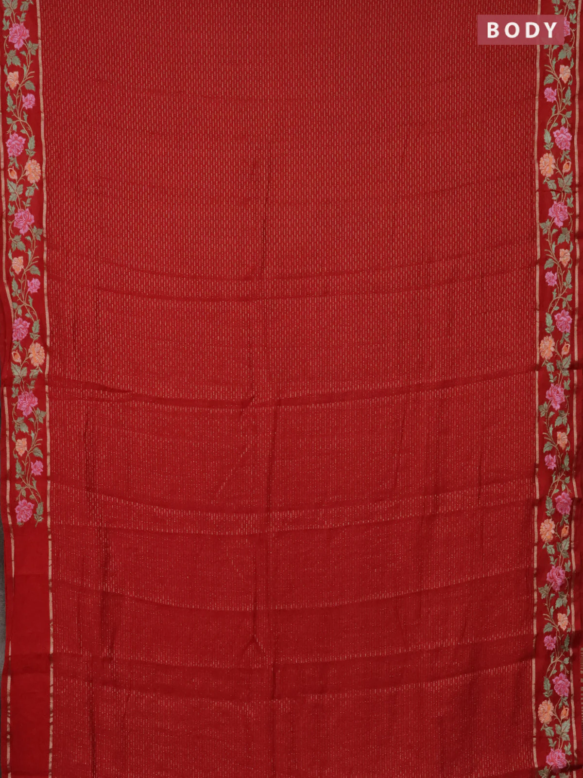 Semi chanderi saree red with allover zari weaves and floral embroidery border - Image 2