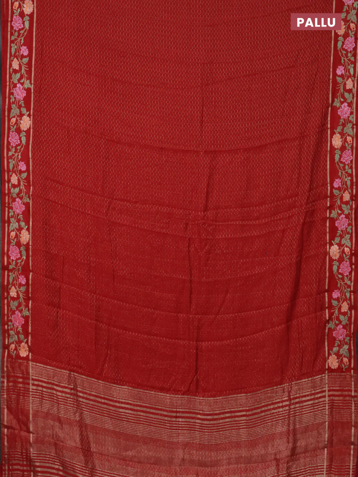 Semi chanderi saree red with allover zari weaves and floral embroidery border - Image 3