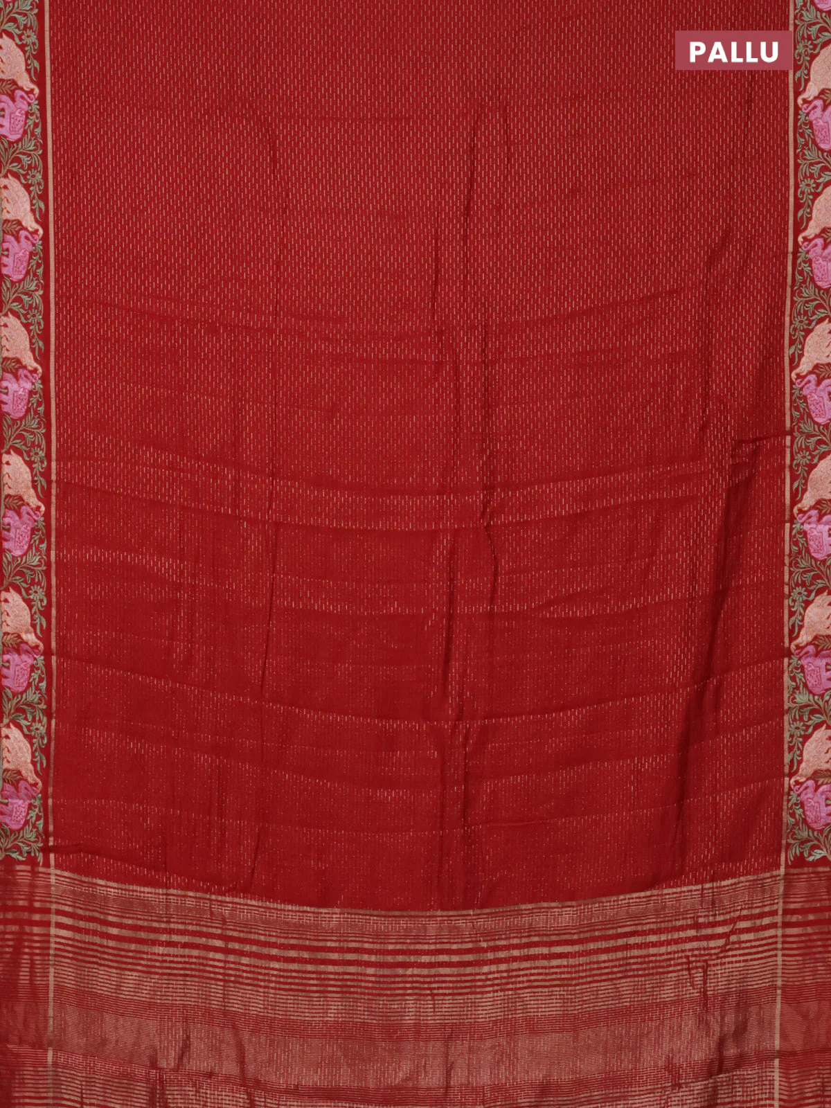 Semi chanderi saree red with allover zari weaves and floral embroidery border - Image 3