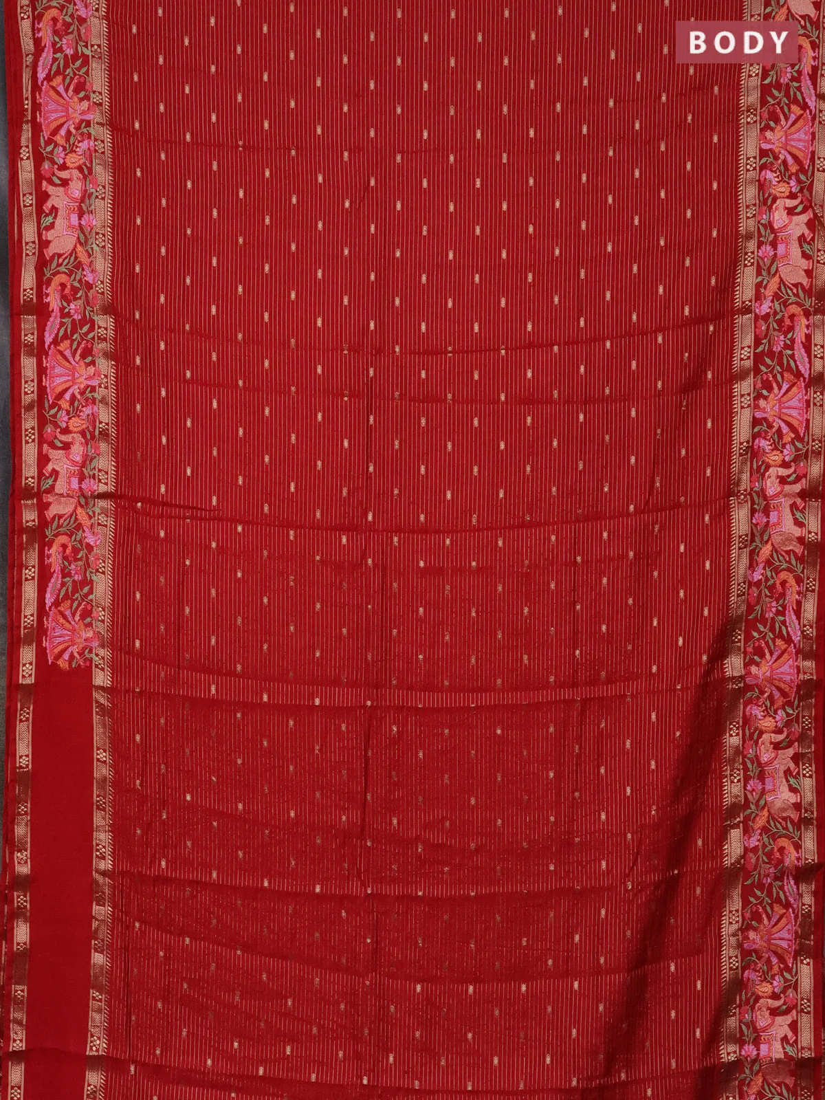 Semi chanderi saree red with allover zari weaves & buttas and embroidery border - Image 2