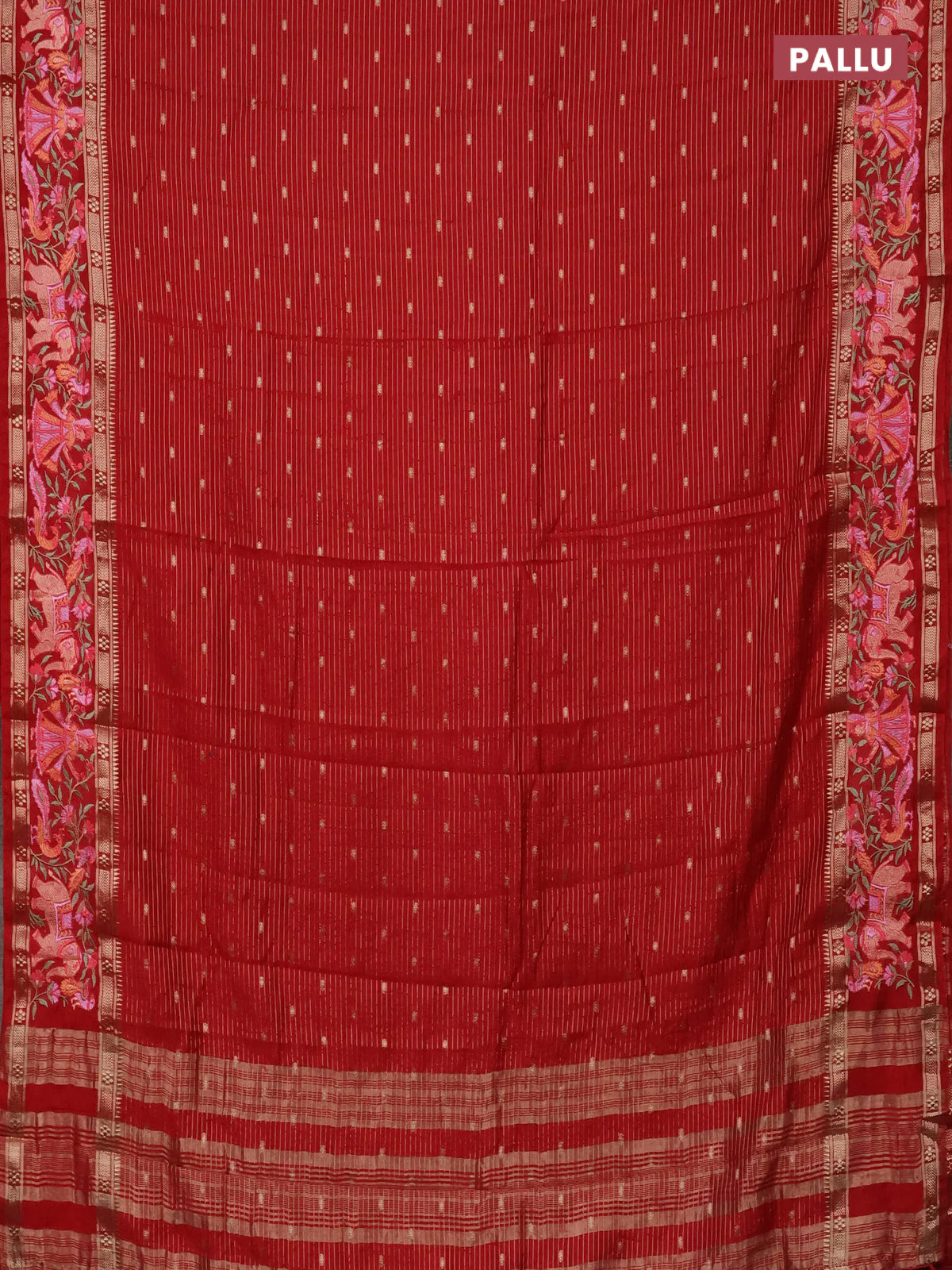 Semi chanderi saree red with allover zari weaves & buttas and embroidery border - Image 3