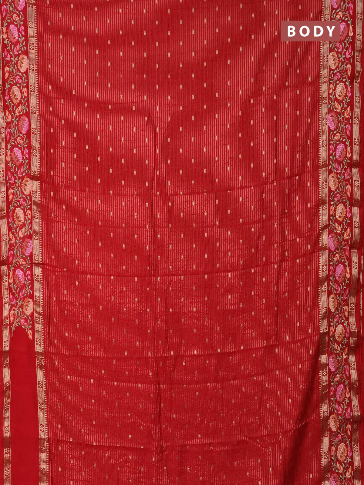 Semi chanderi saree red with allover zari weaves & buttas and floral embroidery border - Image 2