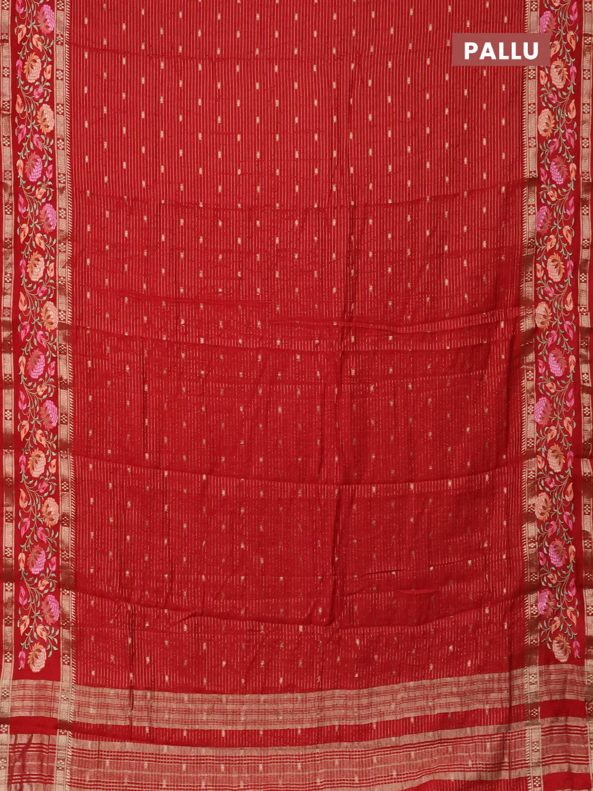 Semi chanderi saree red with allover zari weaves & buttas and floral embroidery border - Image 3