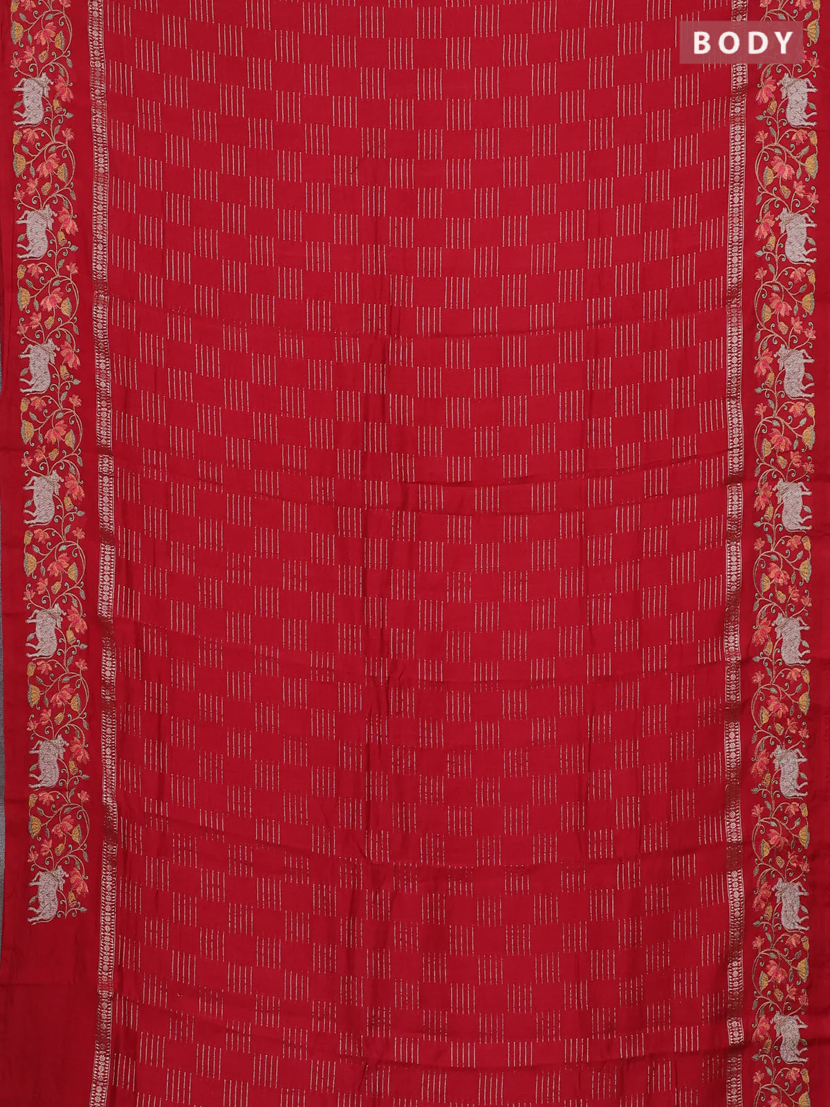 Semi chanderi saree red with allover zari woven geometric weaves and pichwai embroidery border - Image 2