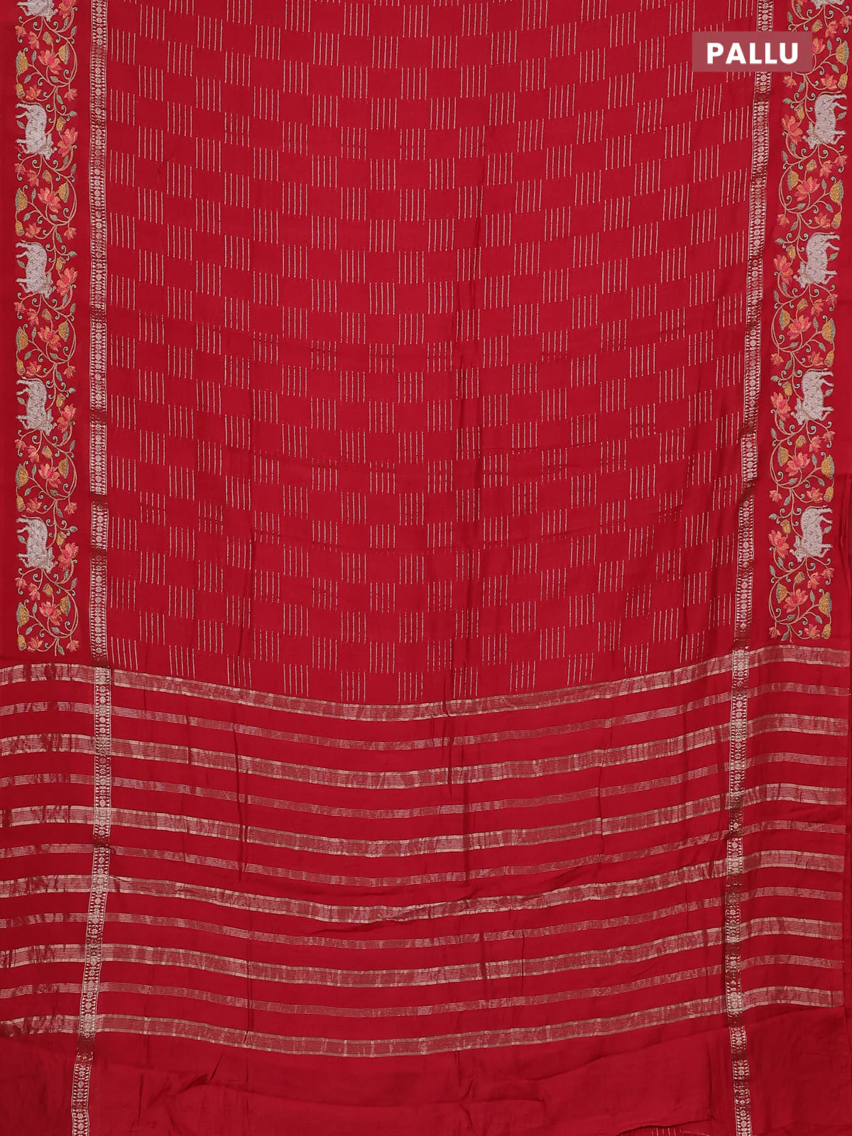 Semi chanderi saree red with allover zari woven geometric weaves and pichwai embroidery border - Image 3