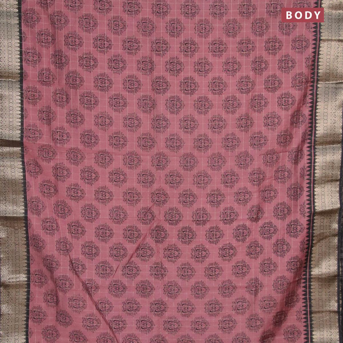 Semi chanderi saree rosy brown and black with allover prints & zari checked pattern and zari woven border - Image 2