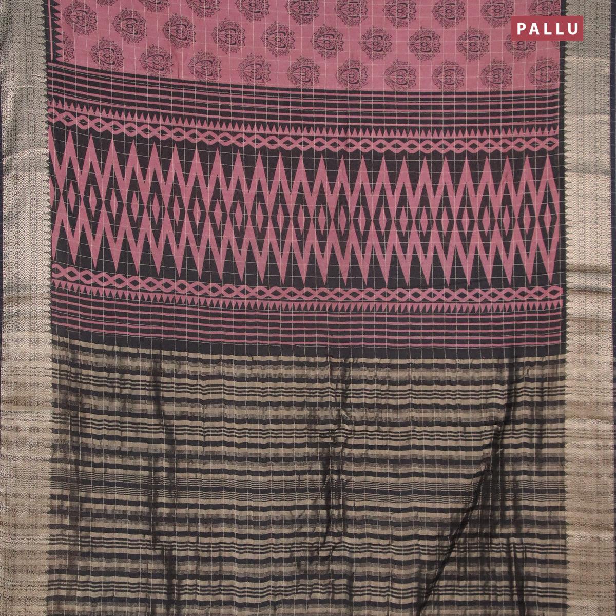 Semi chanderi saree rosy brown and black with allover prints & zari checked pattern and zari woven border - Image 3