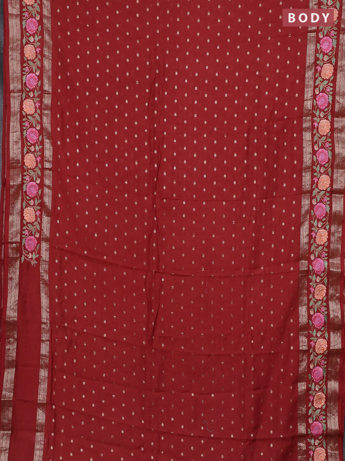 Semi chanderi saree rust shade with zari woven buttas and floral embroidery border - Image 2