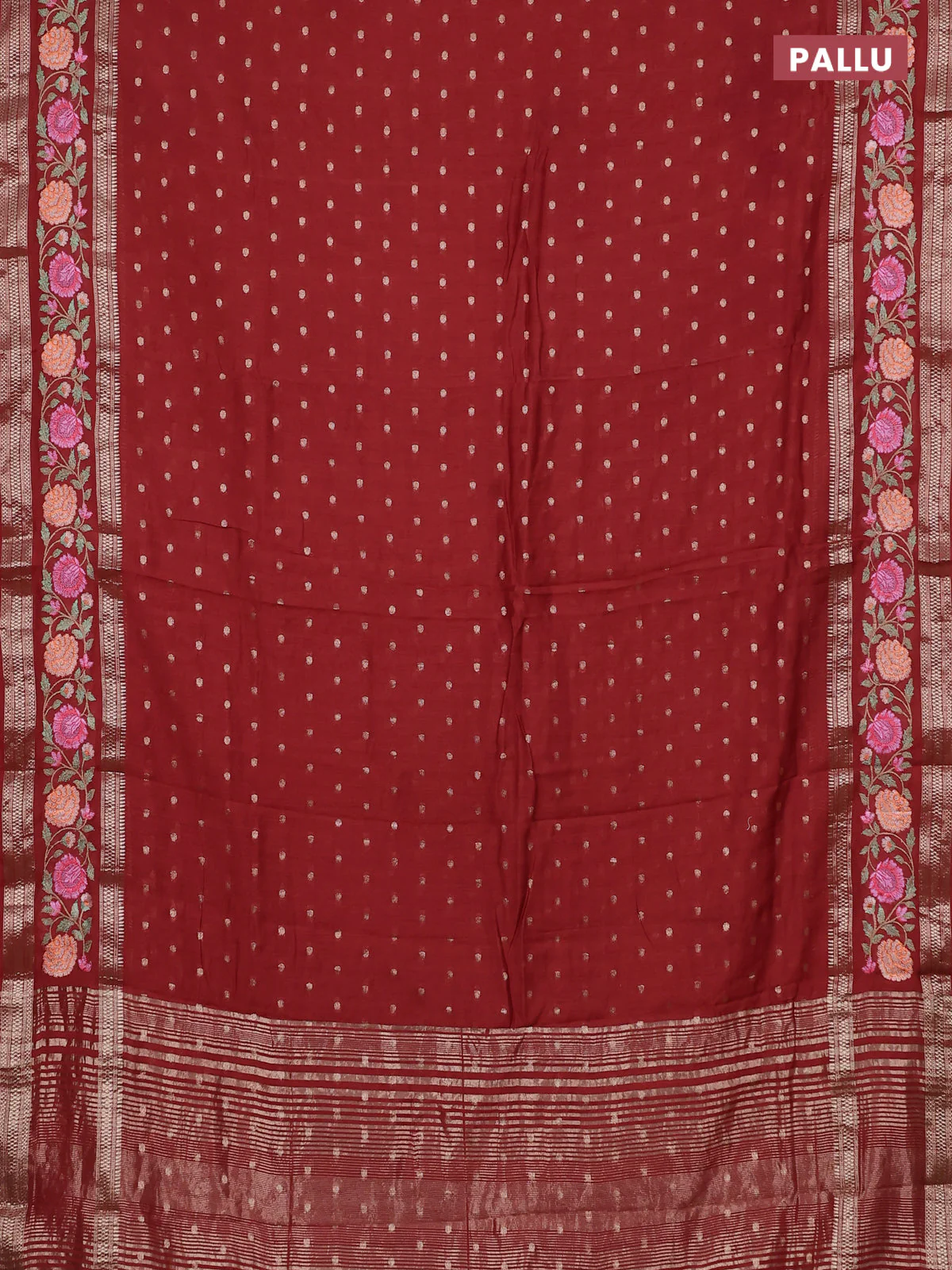 Semi chanderi saree rust shade with zari woven buttas and floral embroidery border - Image 3