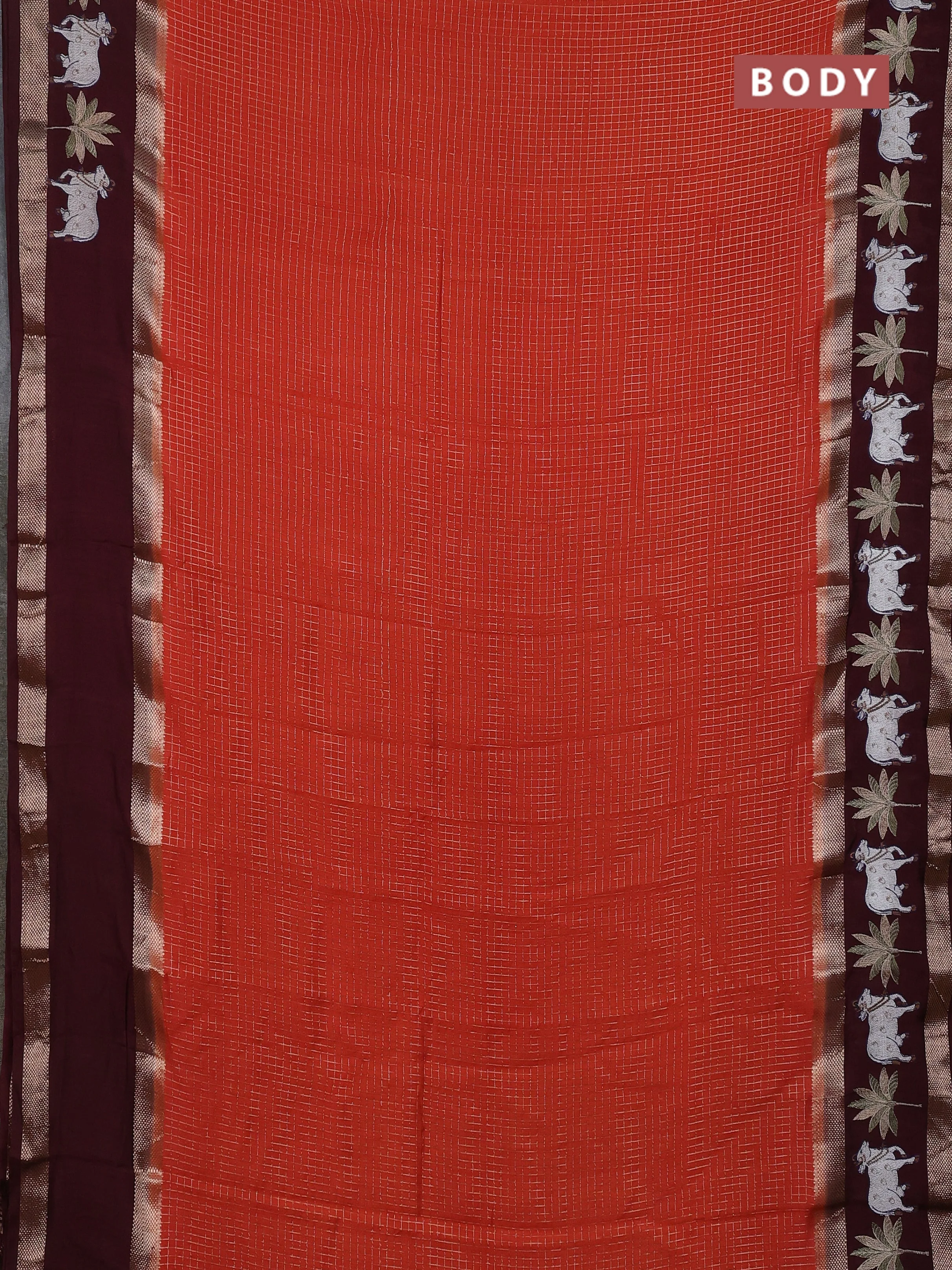 Semi chanderi saree rustic orange and deep maroon with allover zari woven checked pattern and embroidery zari border - Image 2