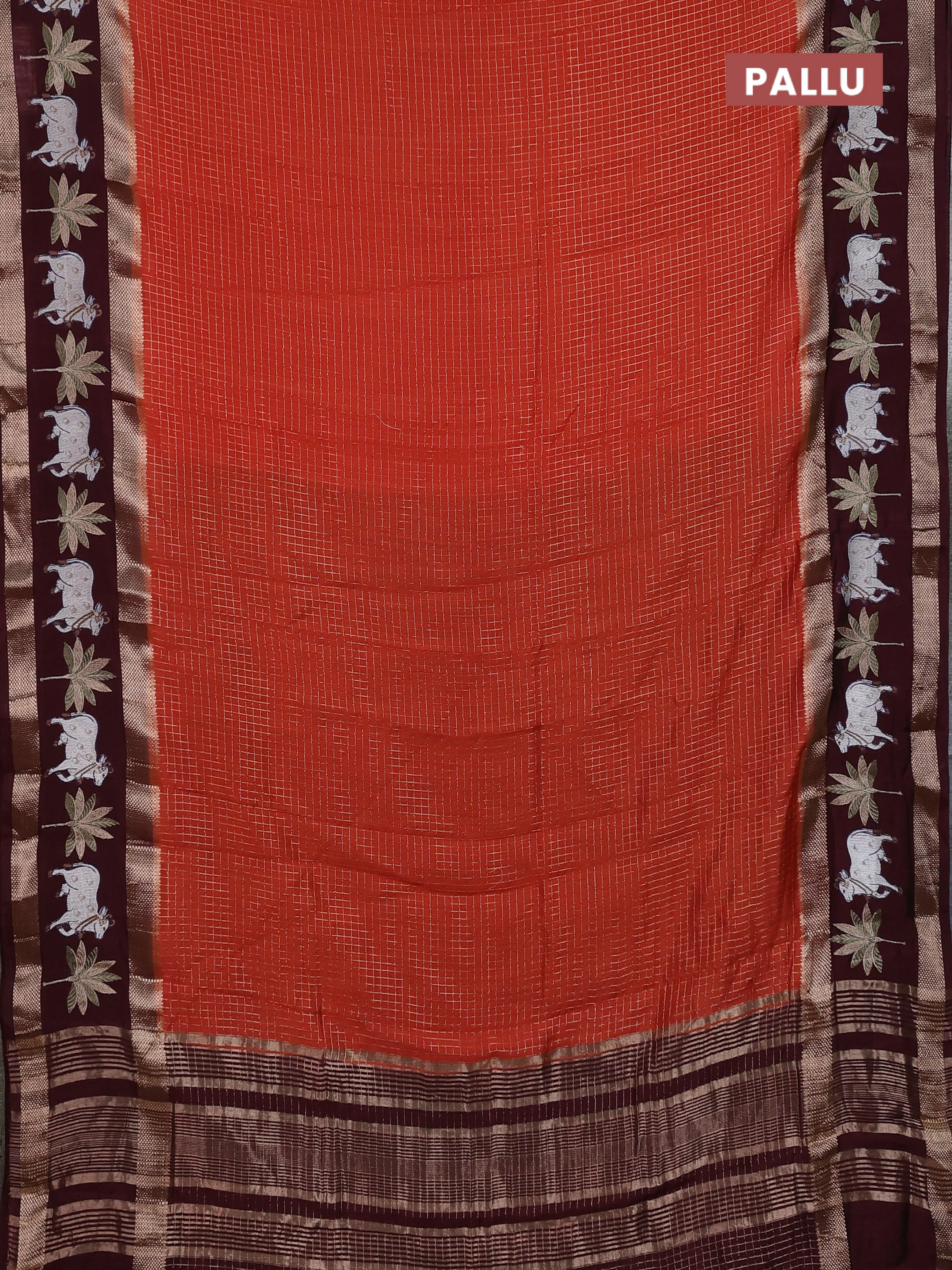Semi chanderi saree rustic orange and deep maroon with allover zari woven checked pattern and embroidery zari border - Image 3