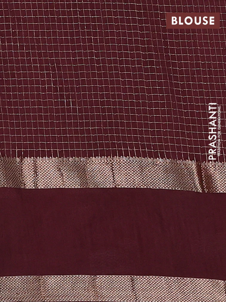 Semi chanderi saree rustic orange and deep maroon with allover zari woven checked pattern and embroidery zari border - Image 4